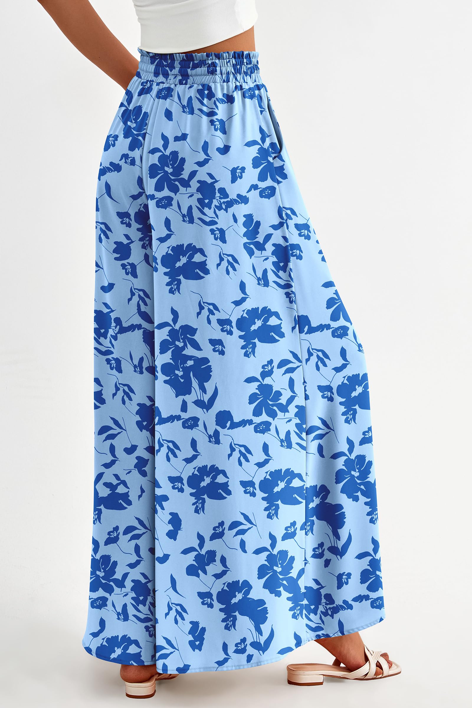 Summer Wide Leg Palazzo Pants for Women Casual,Print Blue,S