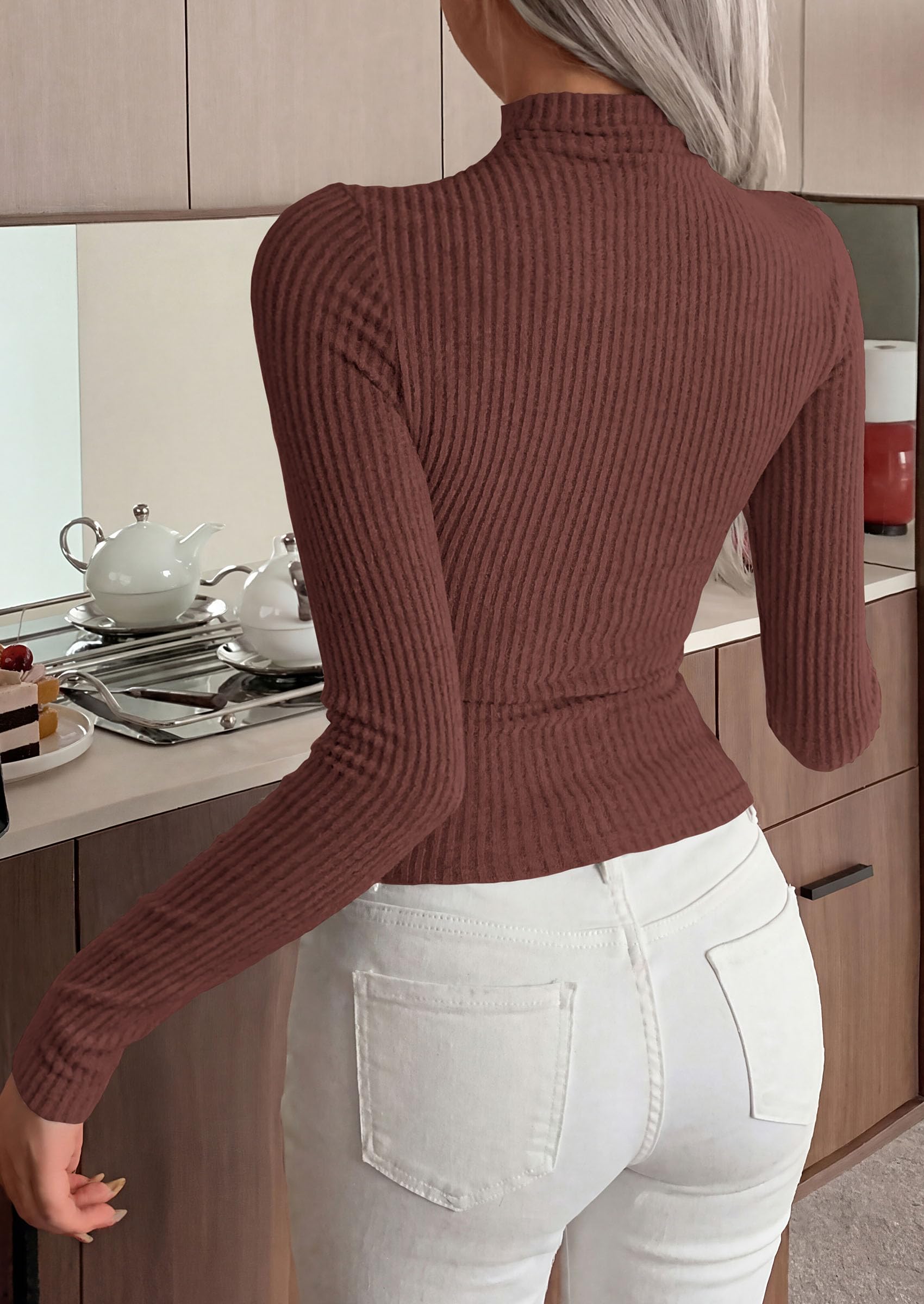 Long Sleeve Shirts for Women Fall Ribbed Mock Turtleneck Tops