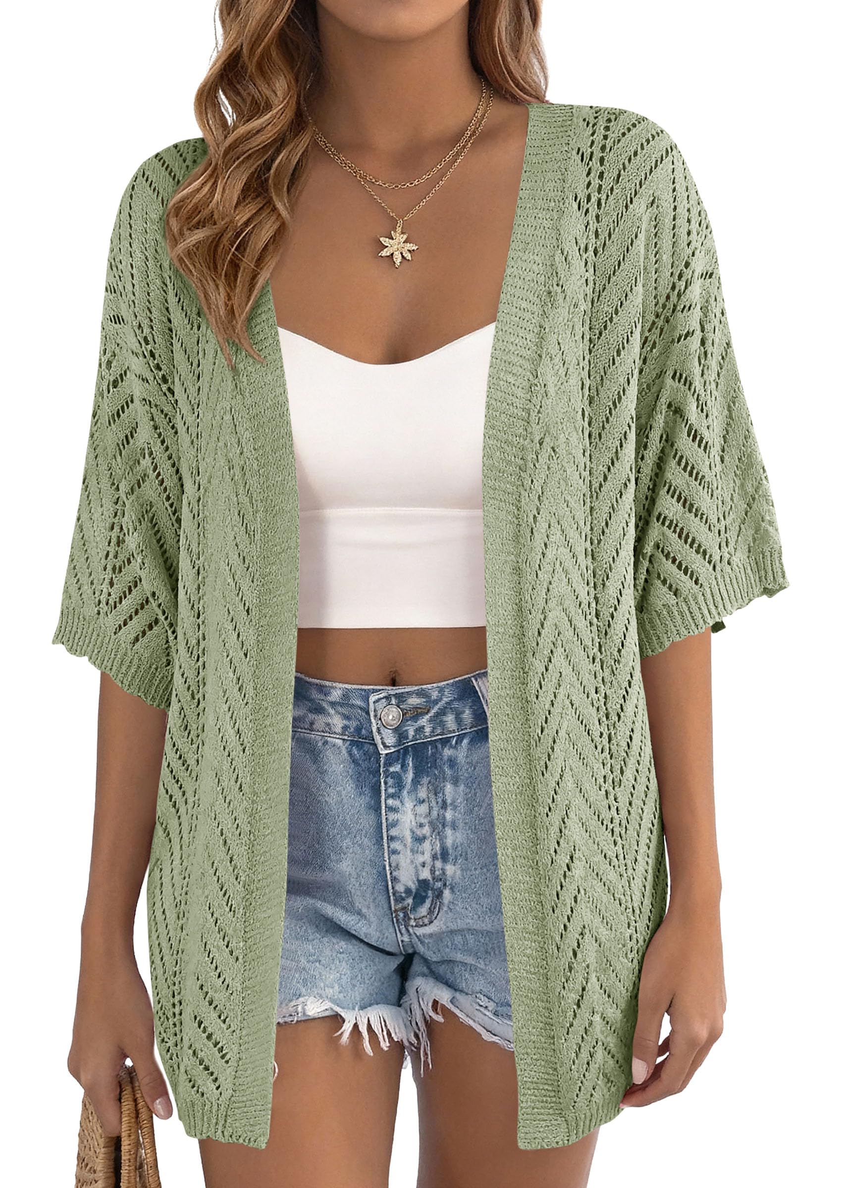 Women Lightweight Summer Short Sleeve Cardigan, Green,S