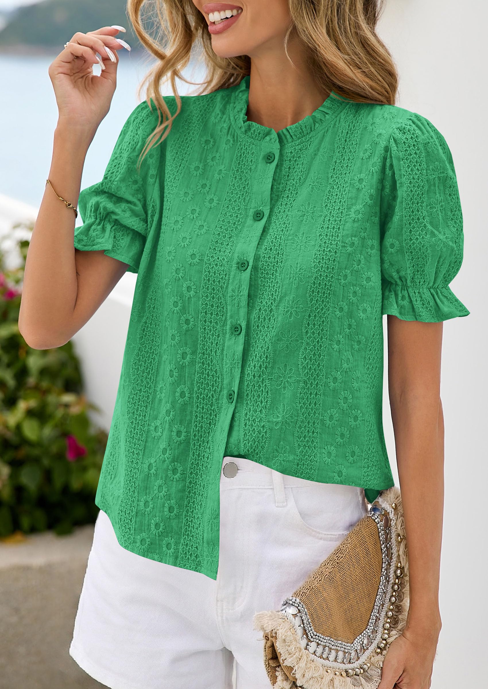 Womens Embroidered Puff Short Sleeve Tops,Green,S