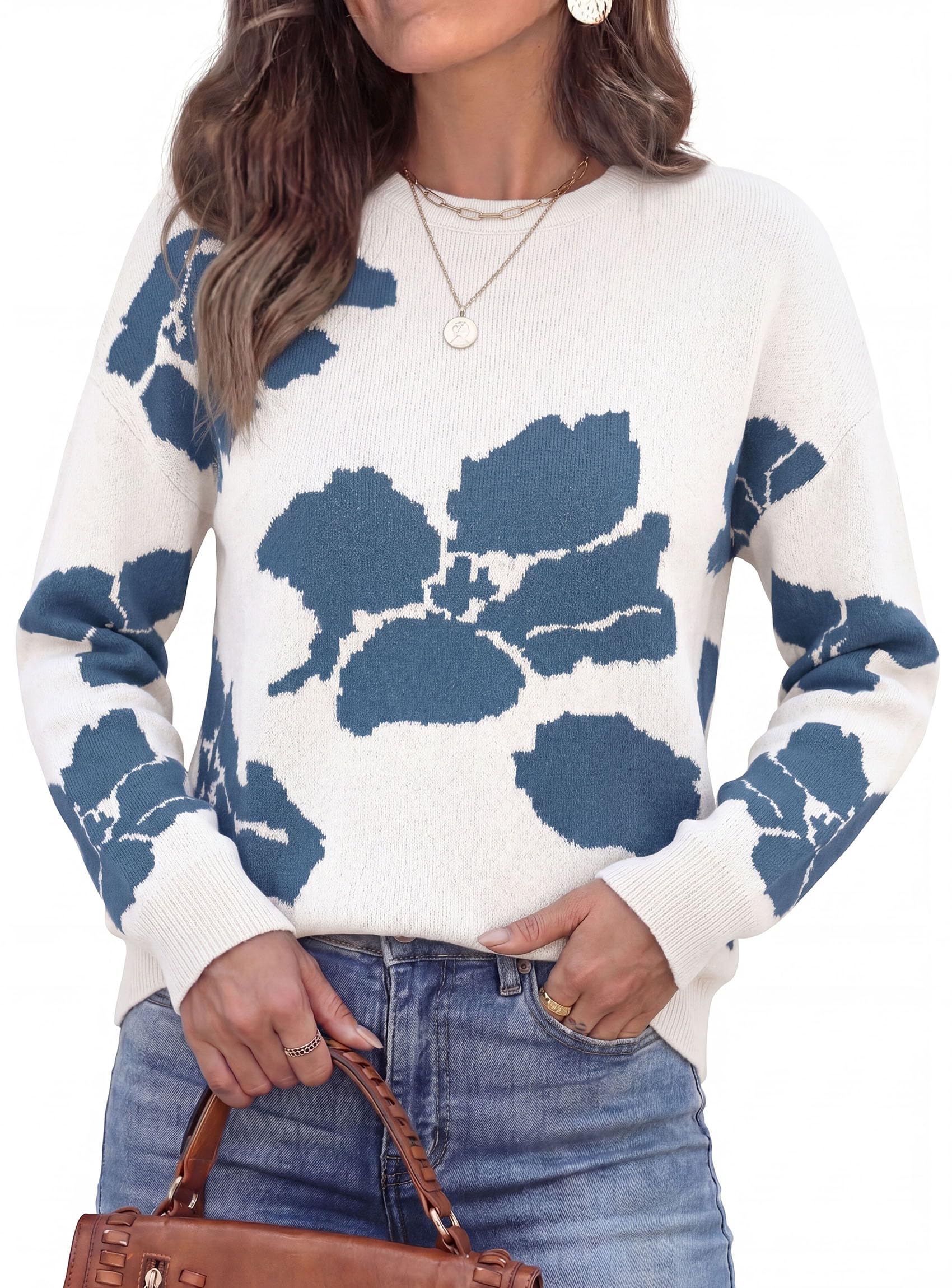 Womens Floral Sweater Crewneck Printed Pullover Tops