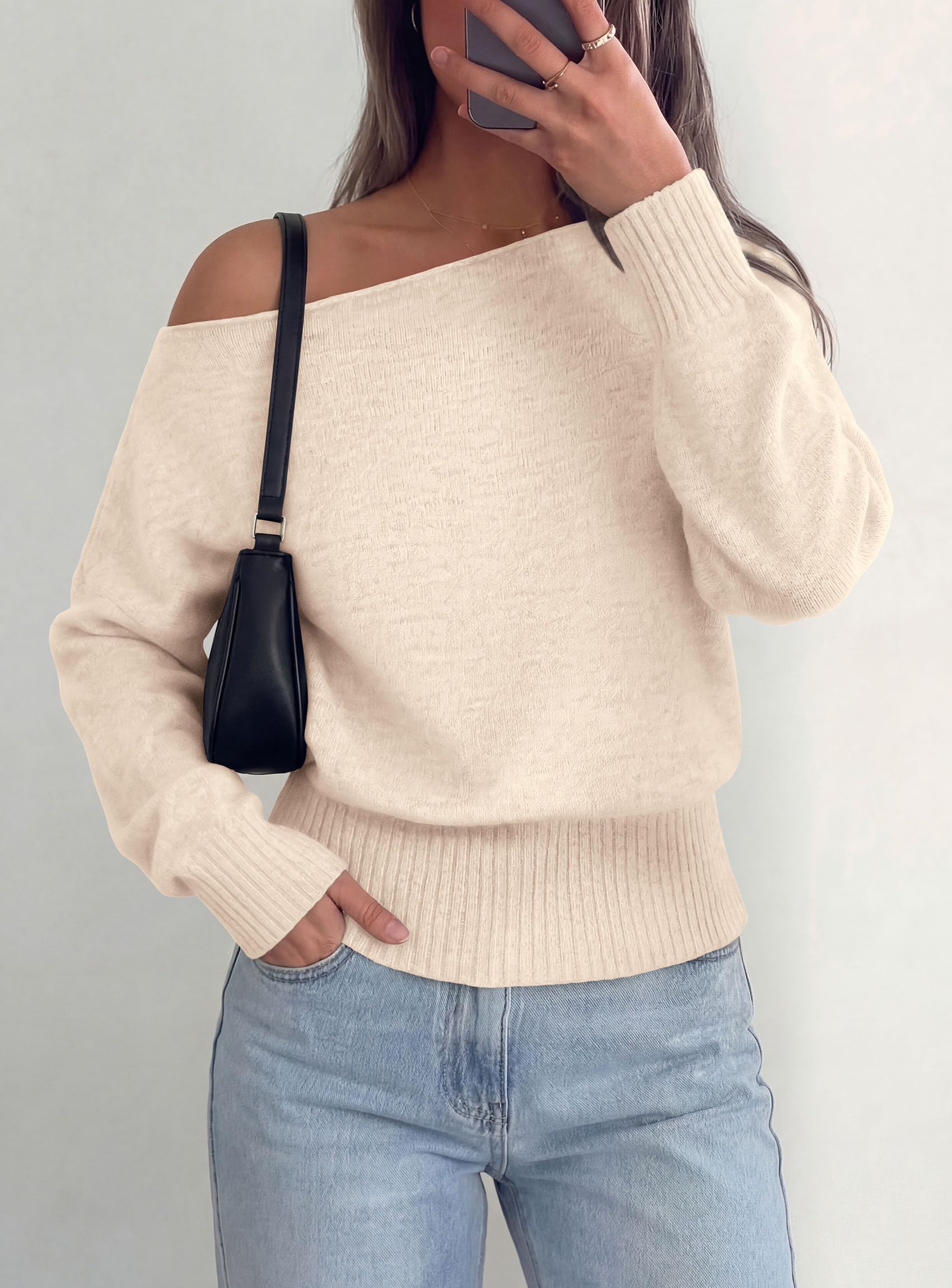 Womens Off The Shoulder Sweater Fall Fashion,Beige,S