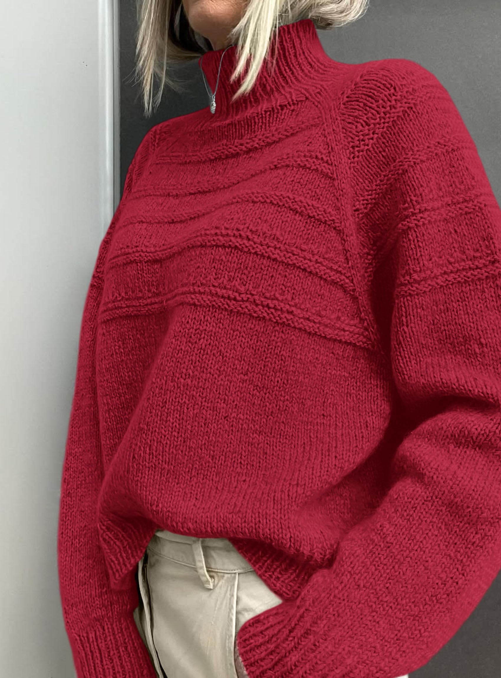 Women's Chunky Knit Mock Neck Pullover Sweaters,Red,S