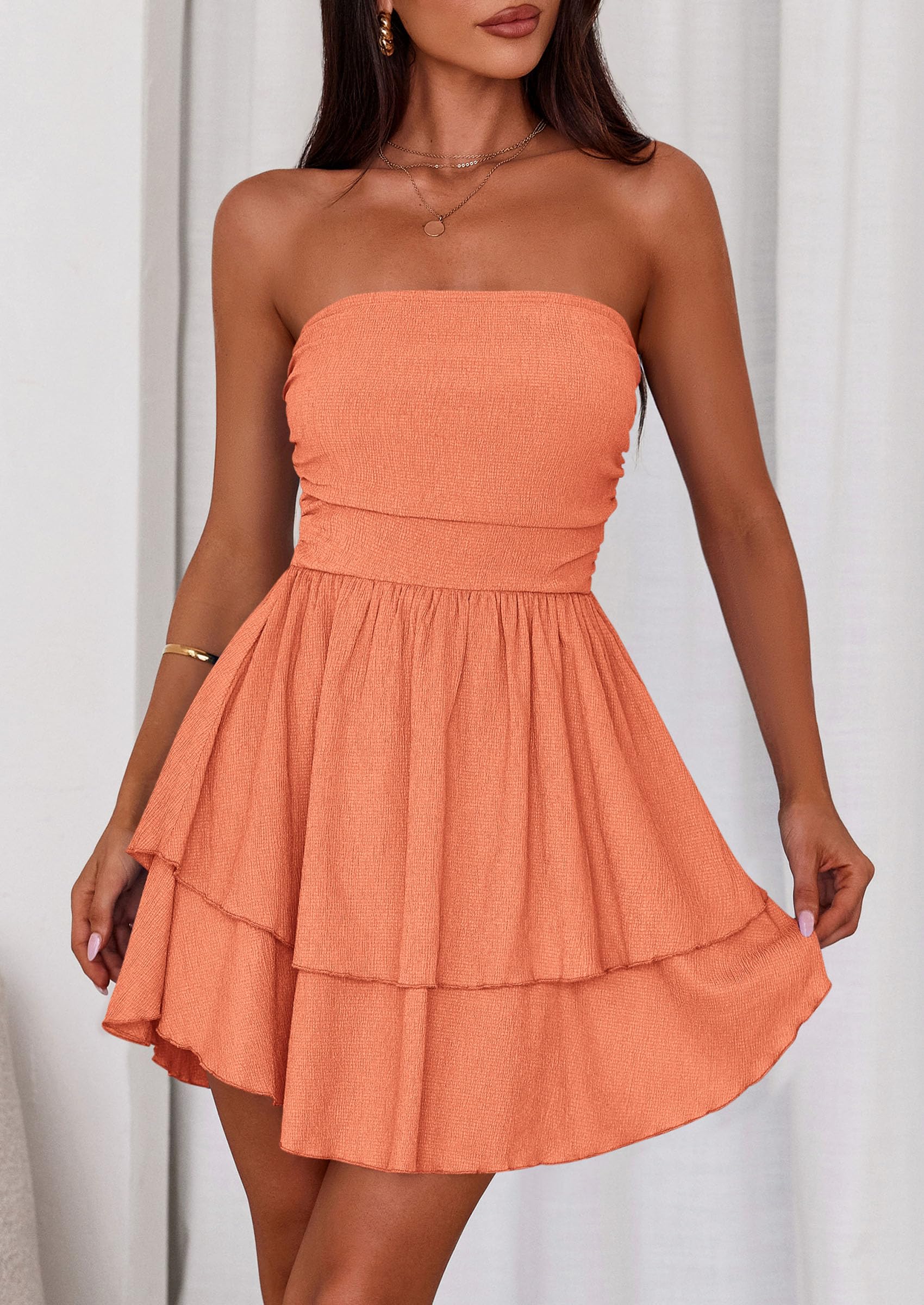 Women's Summer Strapless Flowy Mini Dresses (Orange,S)