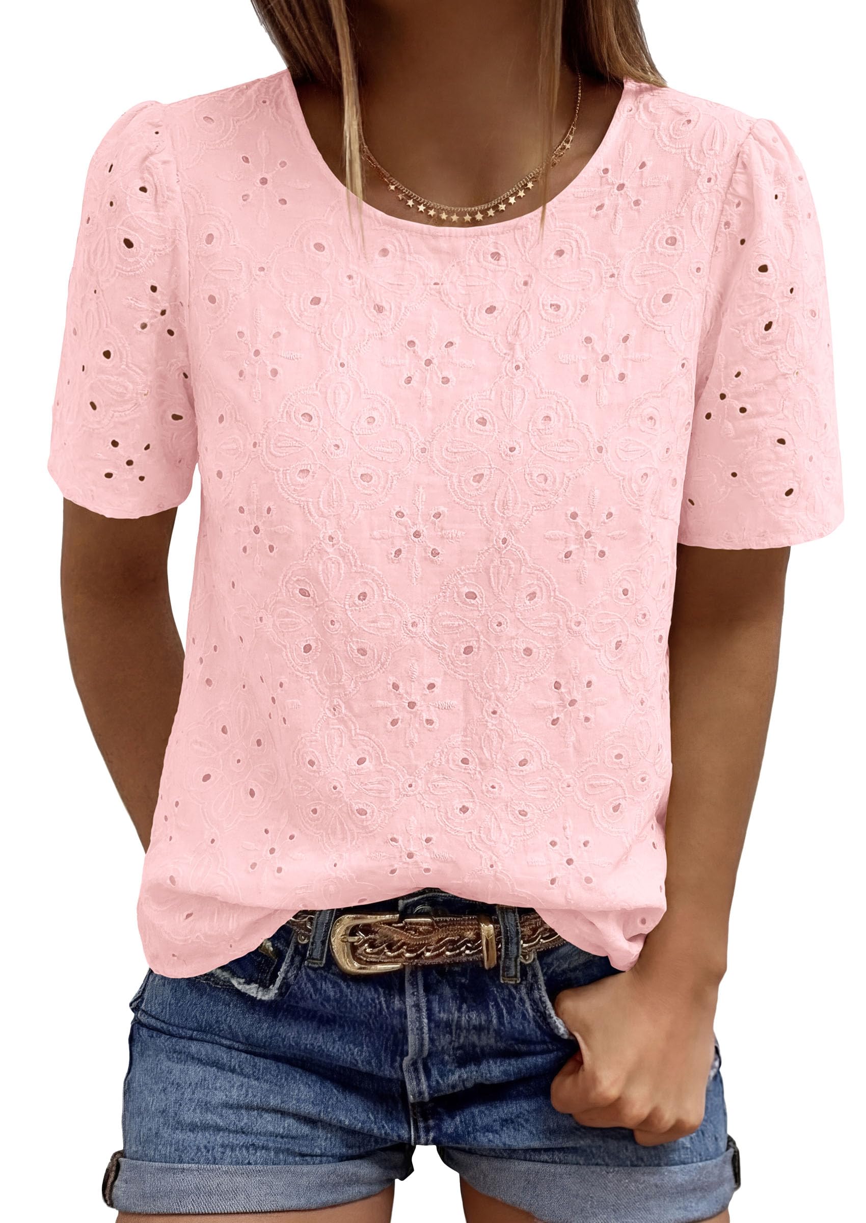 Women's Embroidered Eyelet Short Sleeve Blouse, Pink,XS