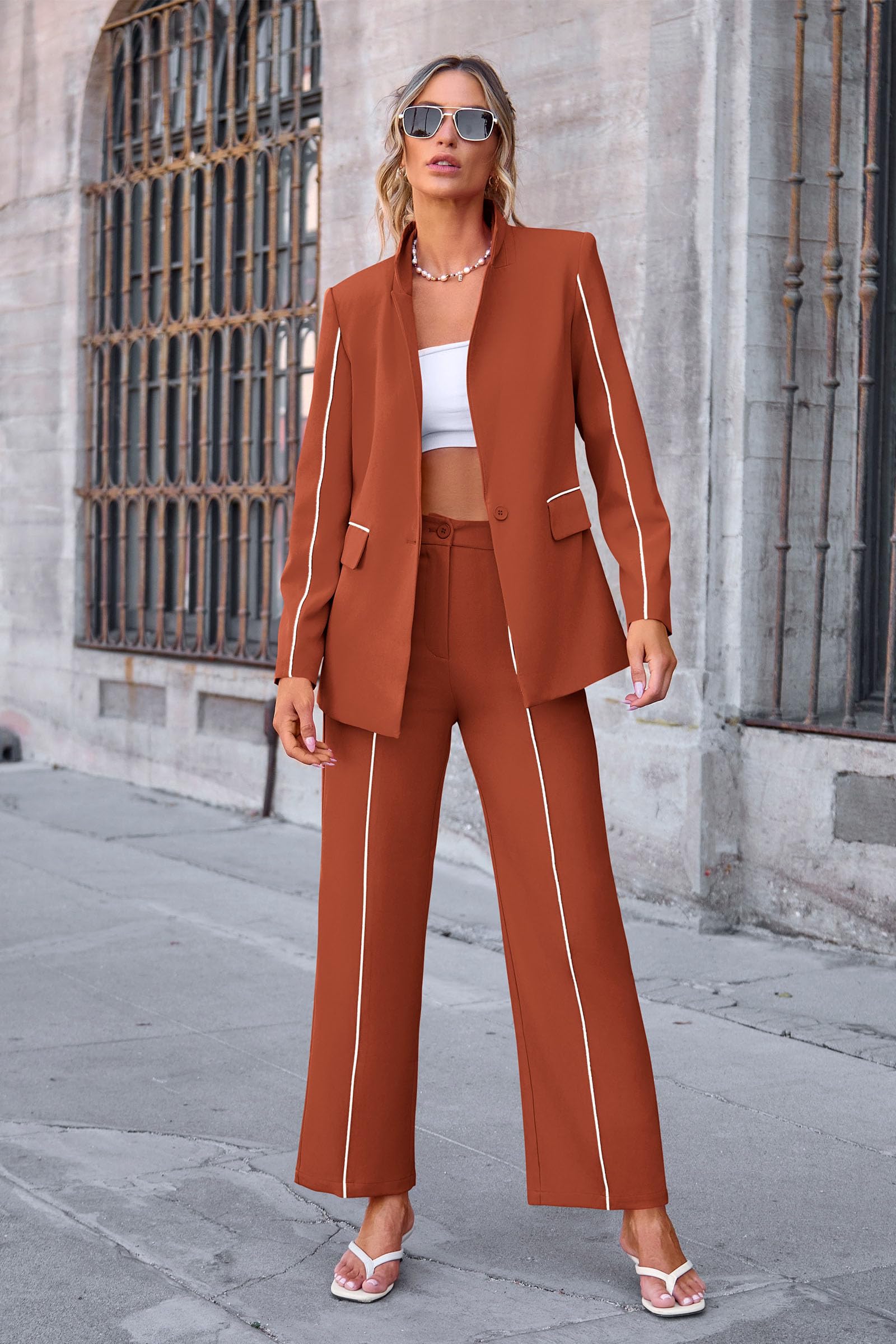 Women's 2 Piece Blazer Business Casual Outfits(Brick Red,S)