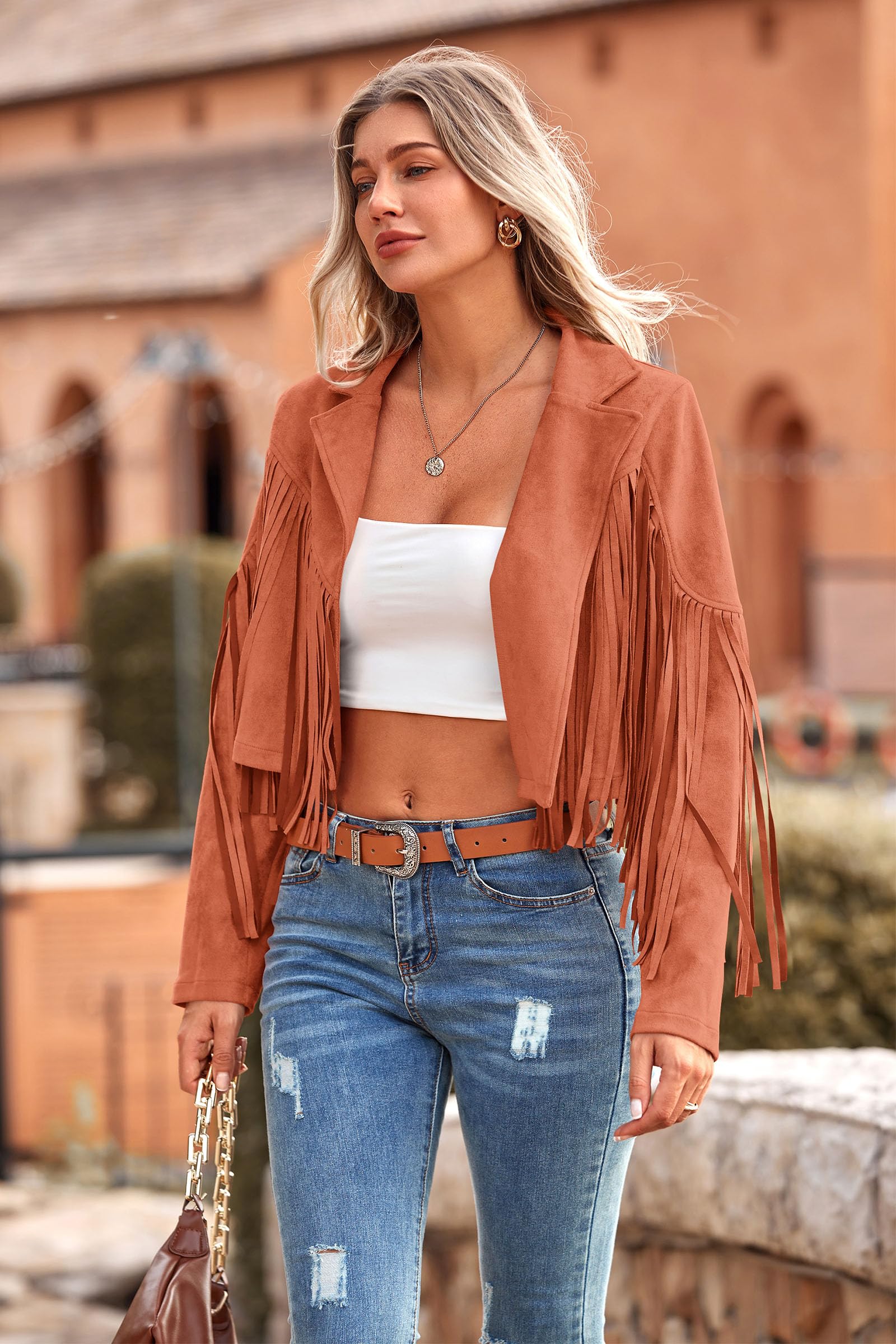 Women's Fringe Faux Suede Leather Jackets,Orange,XL