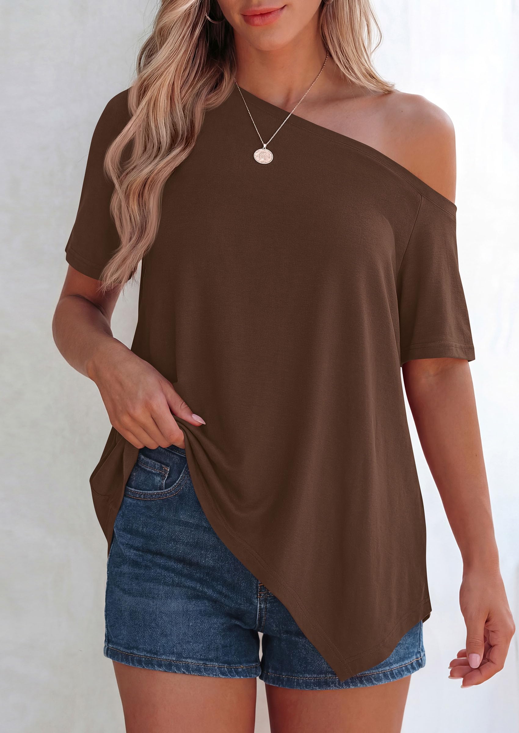 Off Shoulder Tops for Women Oversized Tshirts, Brown,S