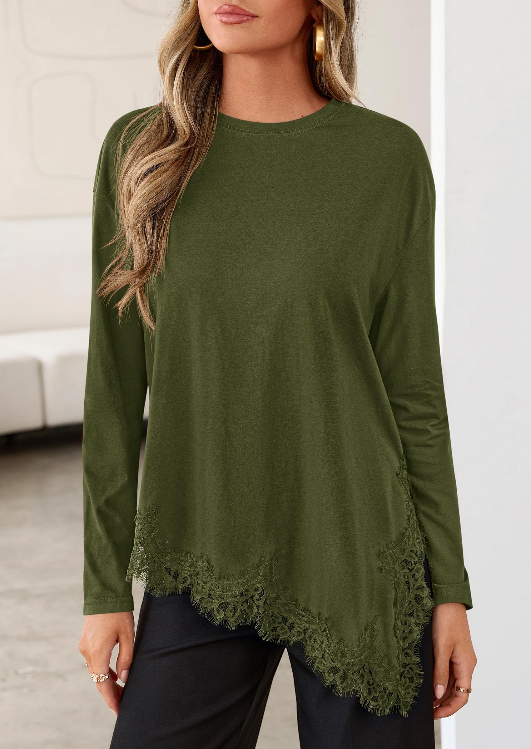 Women's Long Sleeve Asymmetrical Lace Tops Oversized Tshirts