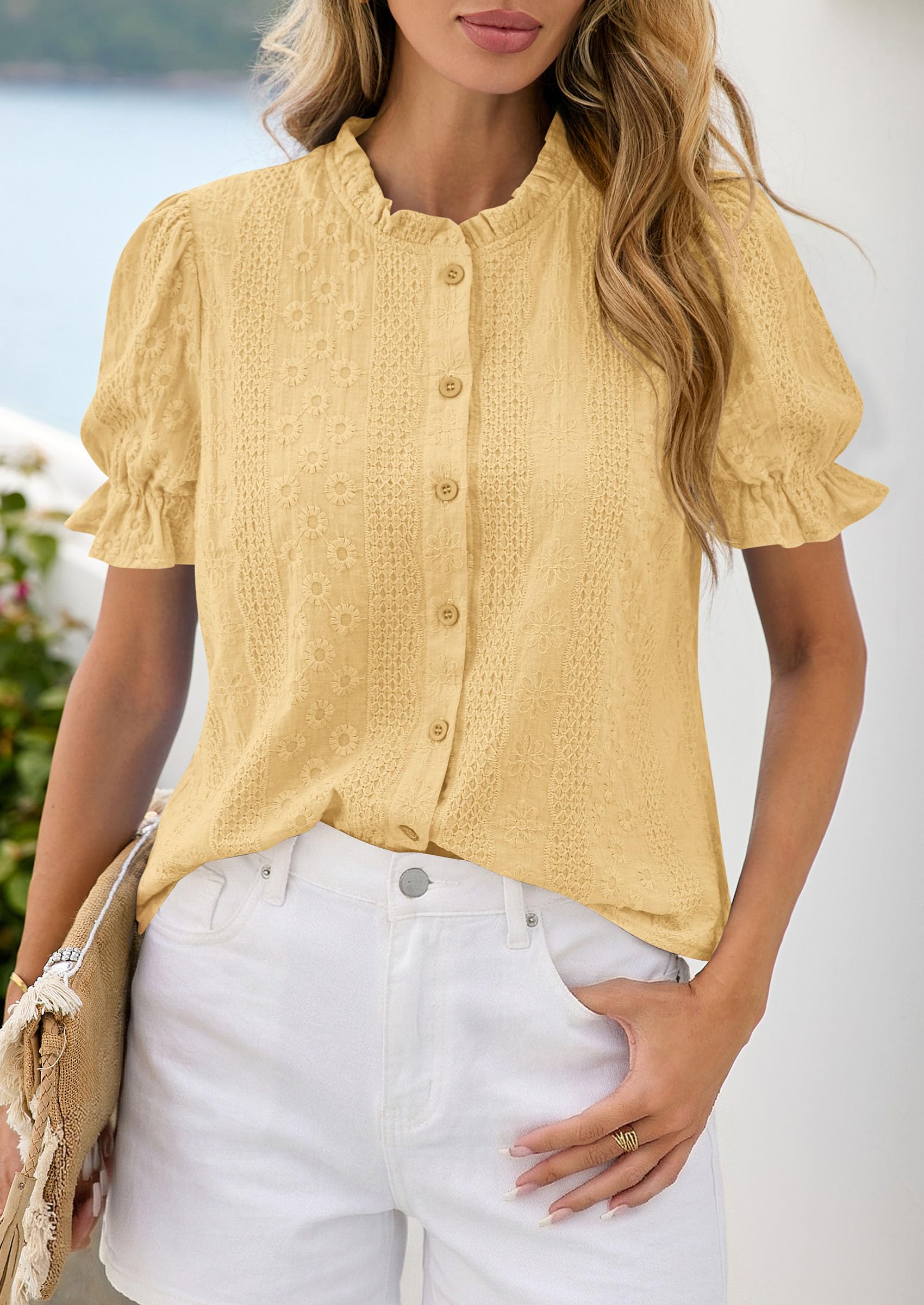 Womens Embroidered Puff Short Sleeve Tops,Yellow,S