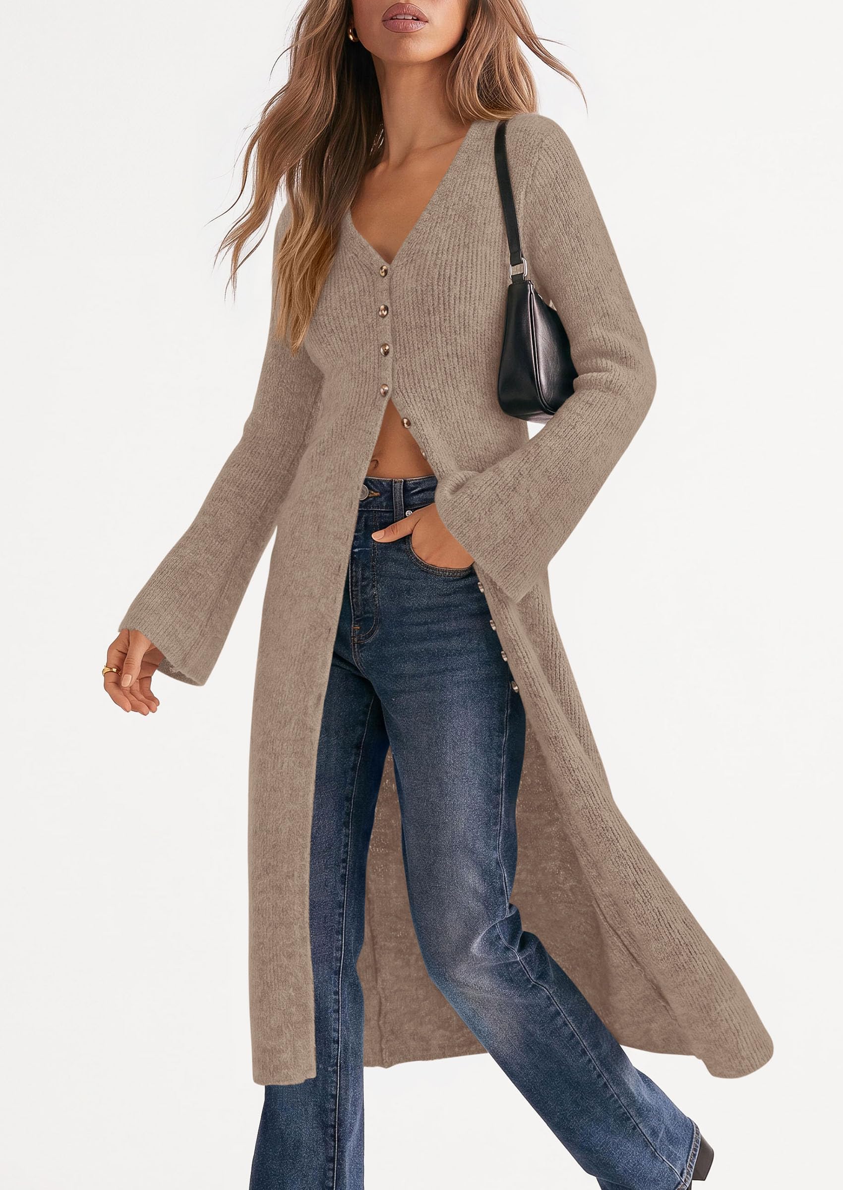 Women Long Cardigan Bell Sleeve Sweater Dress (Khaki,M)