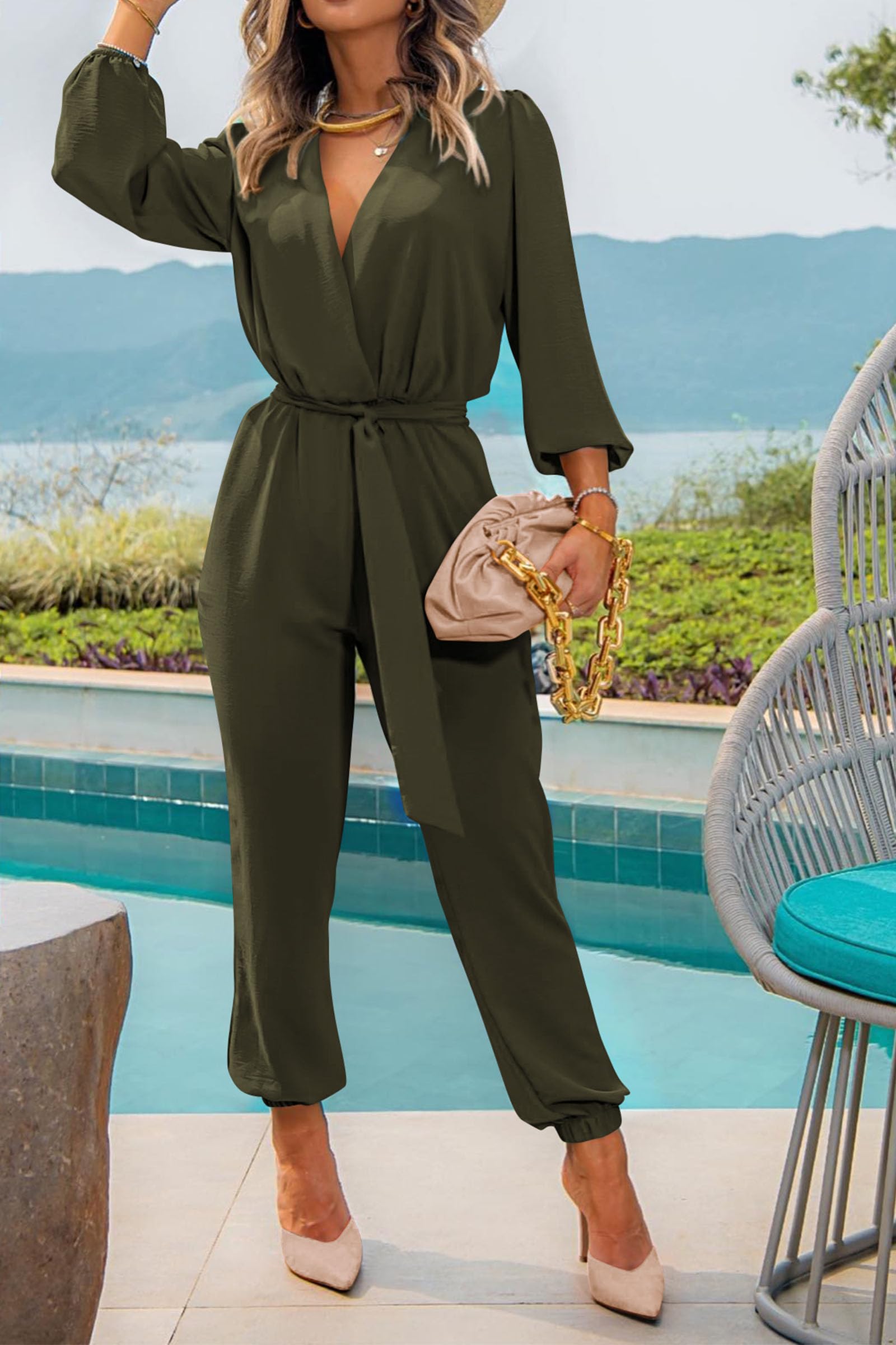 Long Sleeve Jumpsuits for Women Dressy Casual, Army Green,S