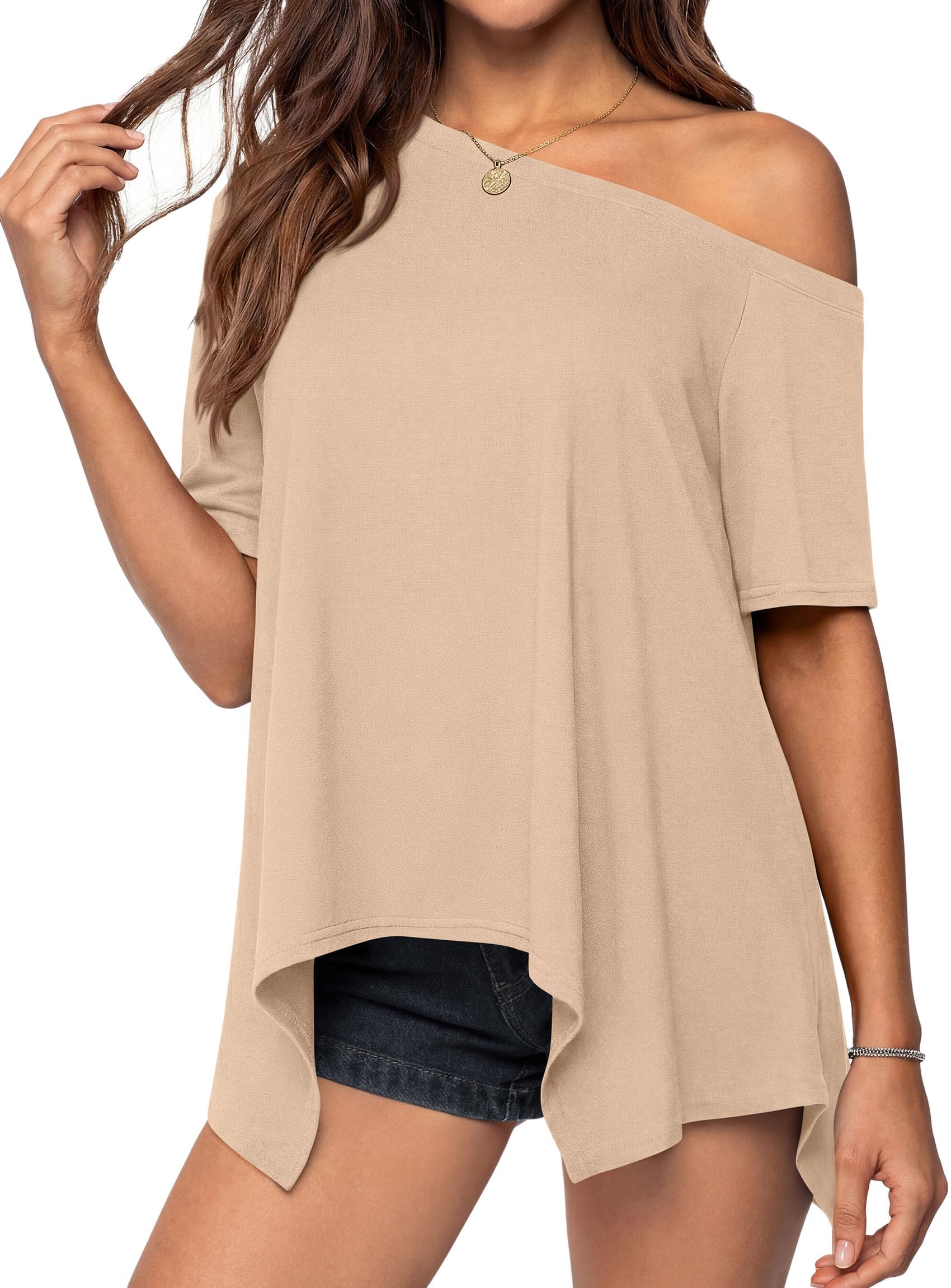 Off Shoulder Tops for Women Oversized Tshirts, Beige,M