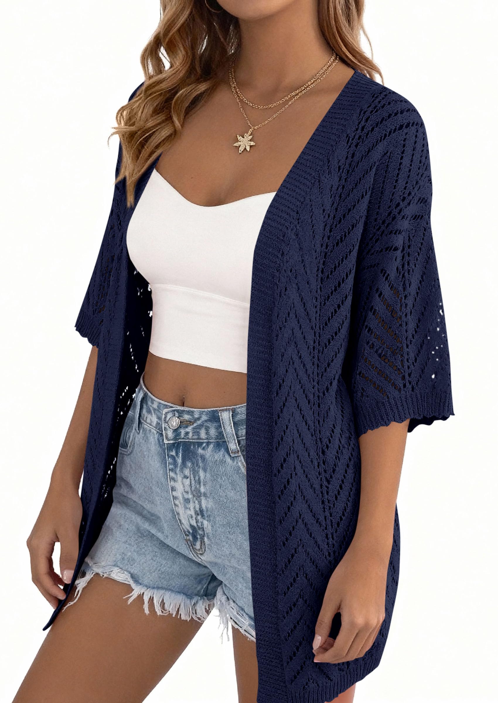 Women Lightweight Summer Short Sleeve Cardigan, Navy Blue,S