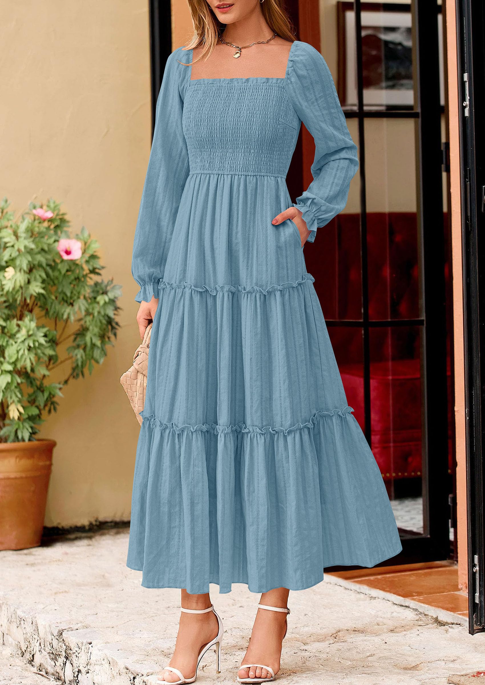 Women's Long Sleeve Ruffle Flowy Maxi Dress,Dusty Blue,S