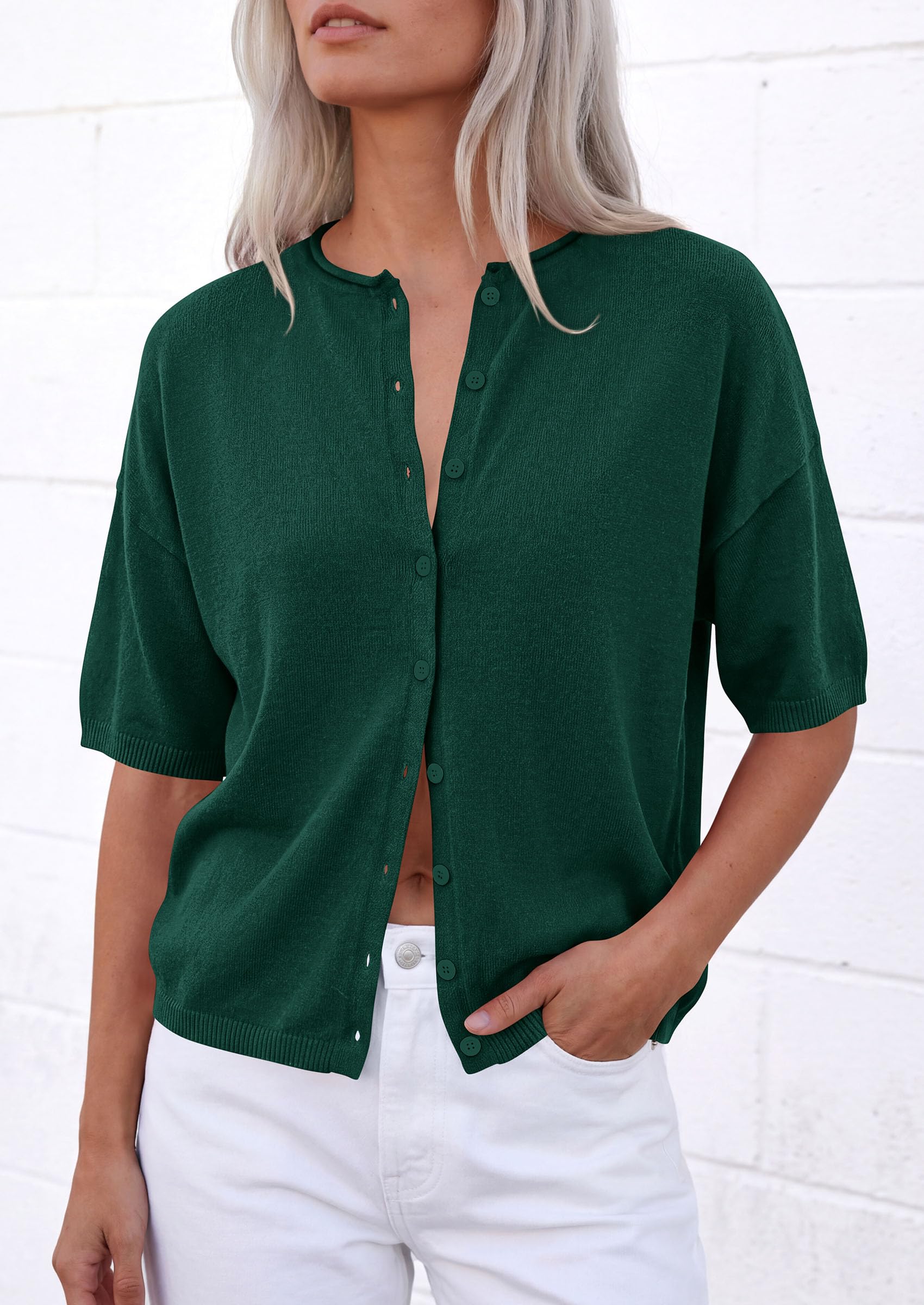 Women's Short Sleeve Cardigan Sweaters (Dark Green,Small)