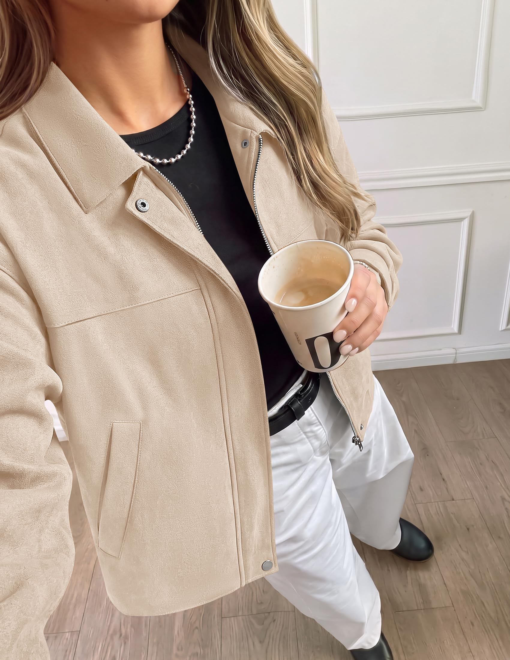 Women's Faux Suede Cropped Fall Jackets,Beige,S