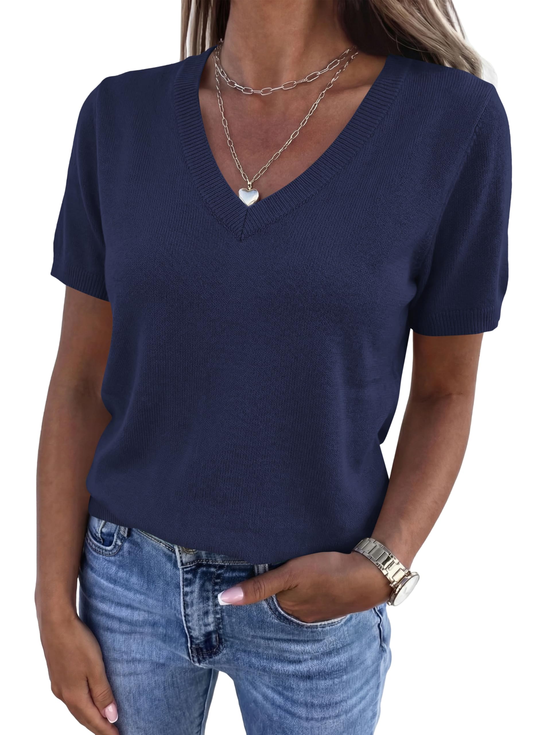 Womens Short Sleeve Sweater V Neck Tops,Navy Blue,S