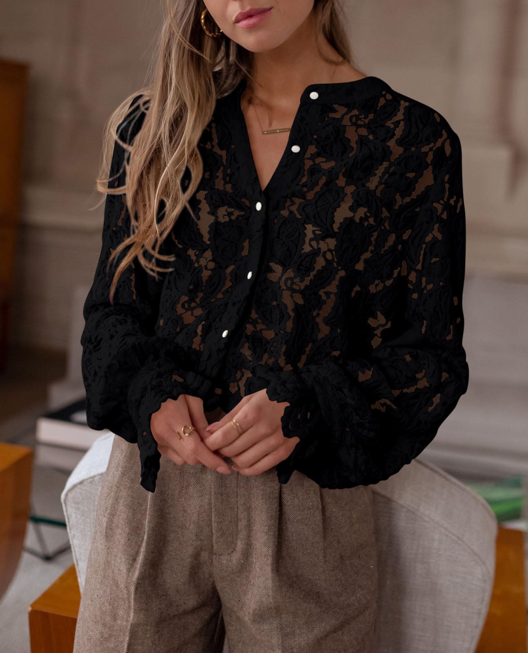 Women's Fall Trendy Long Sleeve Lace Tops(Black,Small)