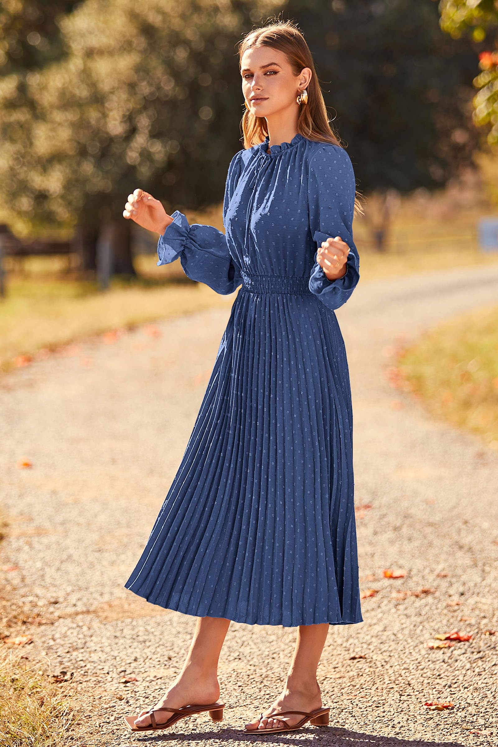 Women's Long Flowy Dress 2025 Spring Fall Long Sleeve Swiss Dot V Neck Midi Party Dresses (Grey Blue,Small)