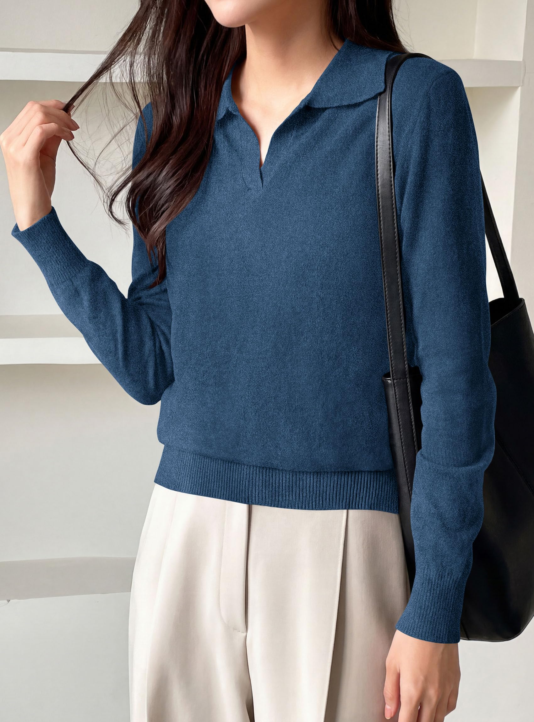Womens Long Sleeve Collared Polo Sweater,Navy Blue,S