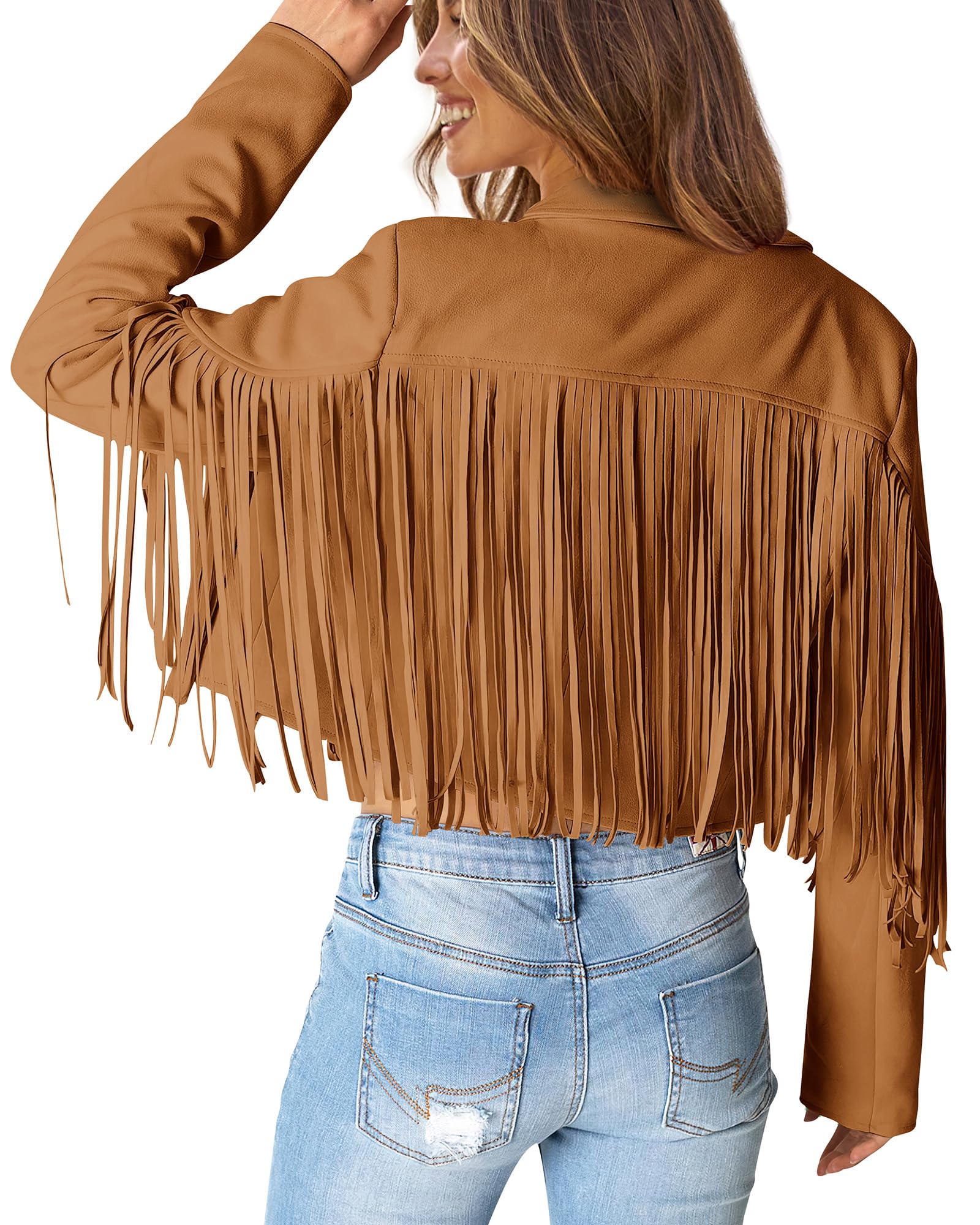 Women's Fringe Faux Suede Leather Jackets,Brown Yellow,M