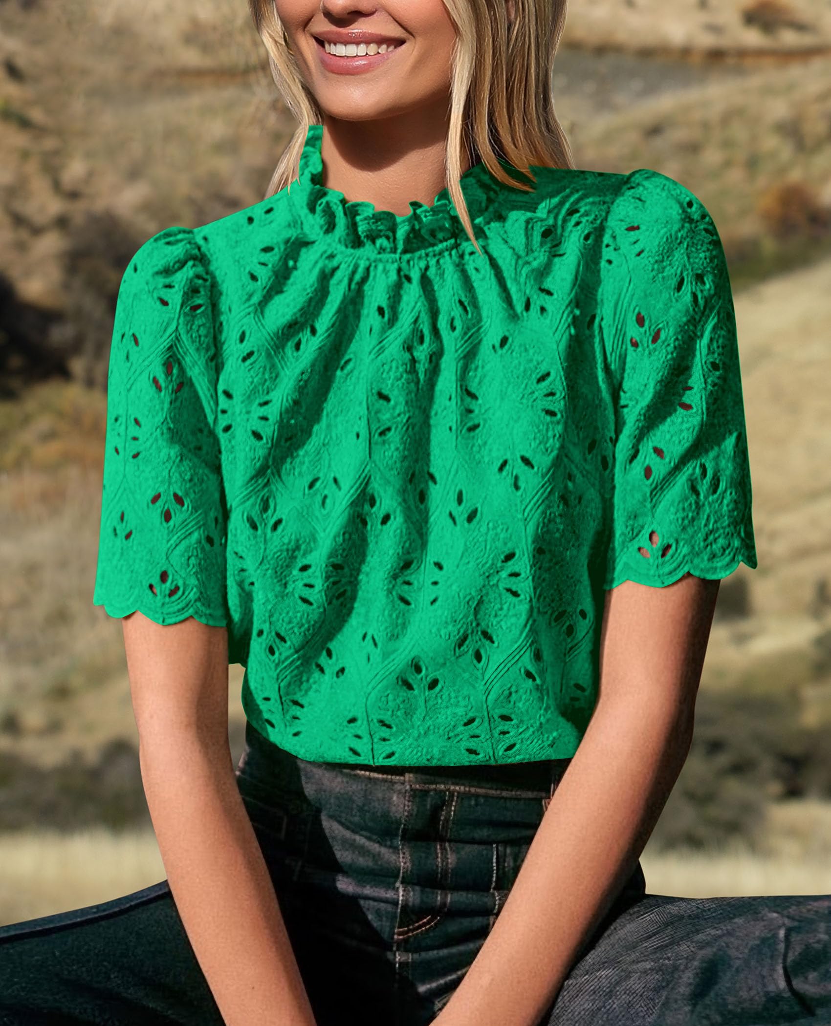 Women Summer Tops Eyelet Embroidered Shirts,Green,M