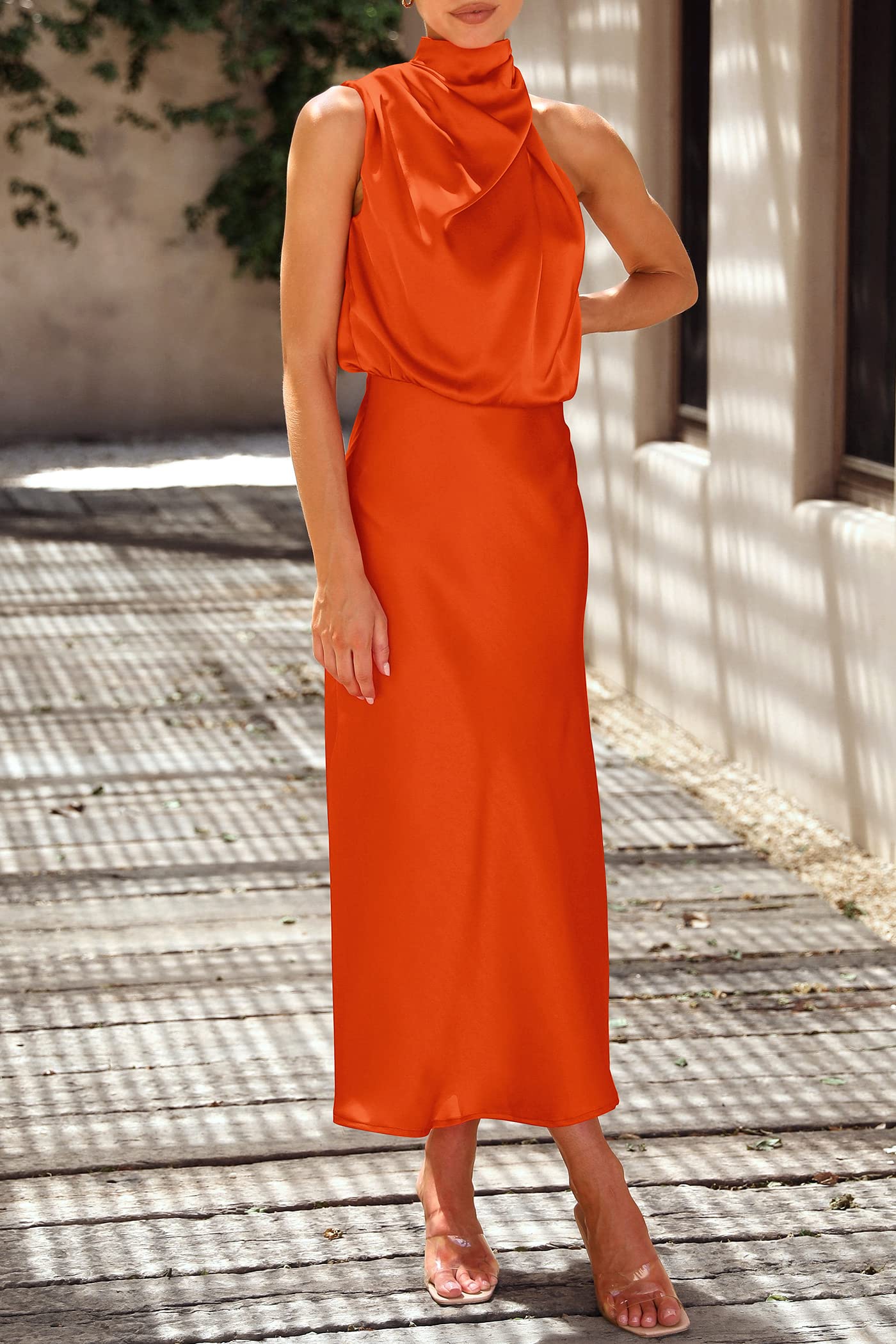 Women's Summer Satin Maxi Cocktail Dress Orange
