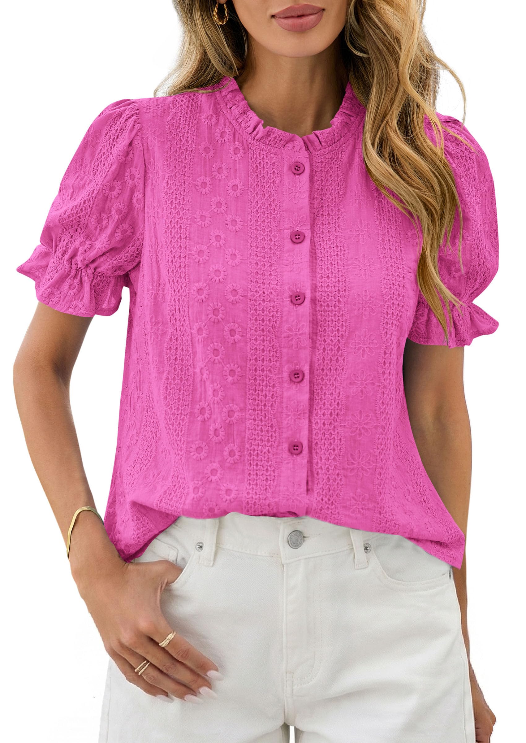 Womens Embroidered Puff Short Sleeve Tops,Rose Red,S