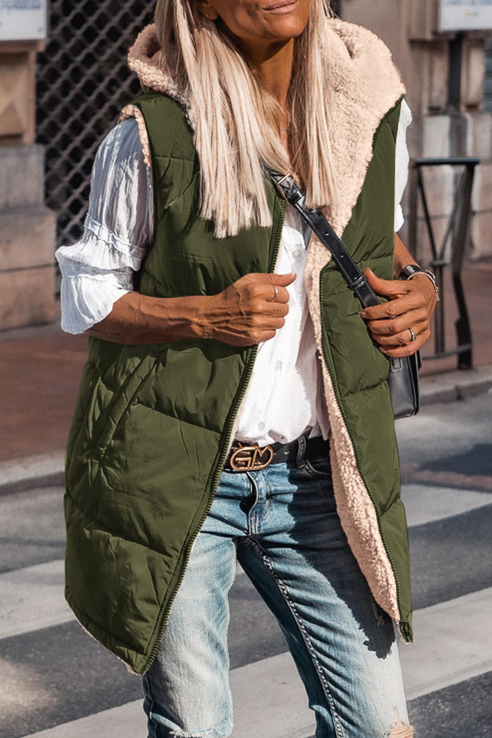 Women's Winter Reversible Fleece Long Vests(Army Green,S)