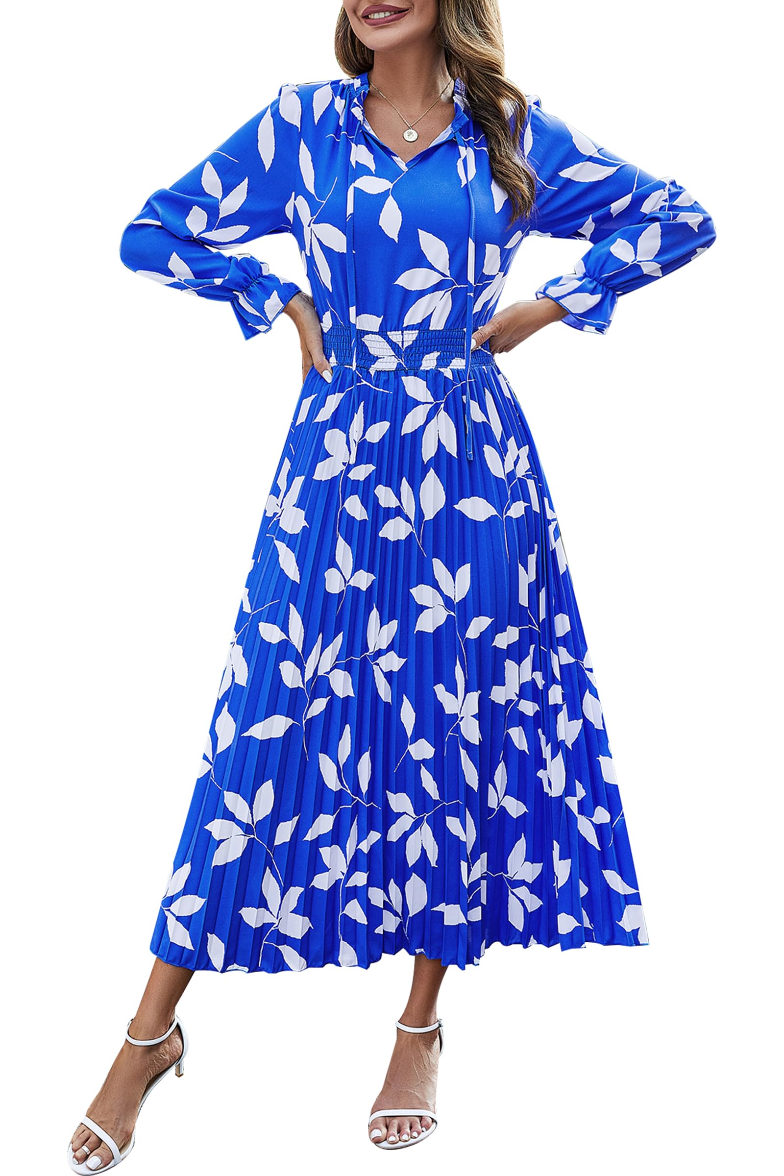 Women's Fall Midi Wedding Guest Dress(Blue Leaves,Medium)