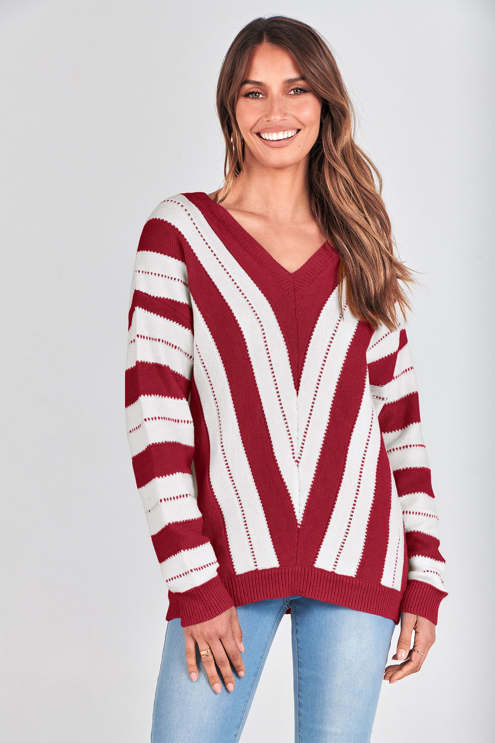 Women's V Neck Striped Knit Pullover Sweater