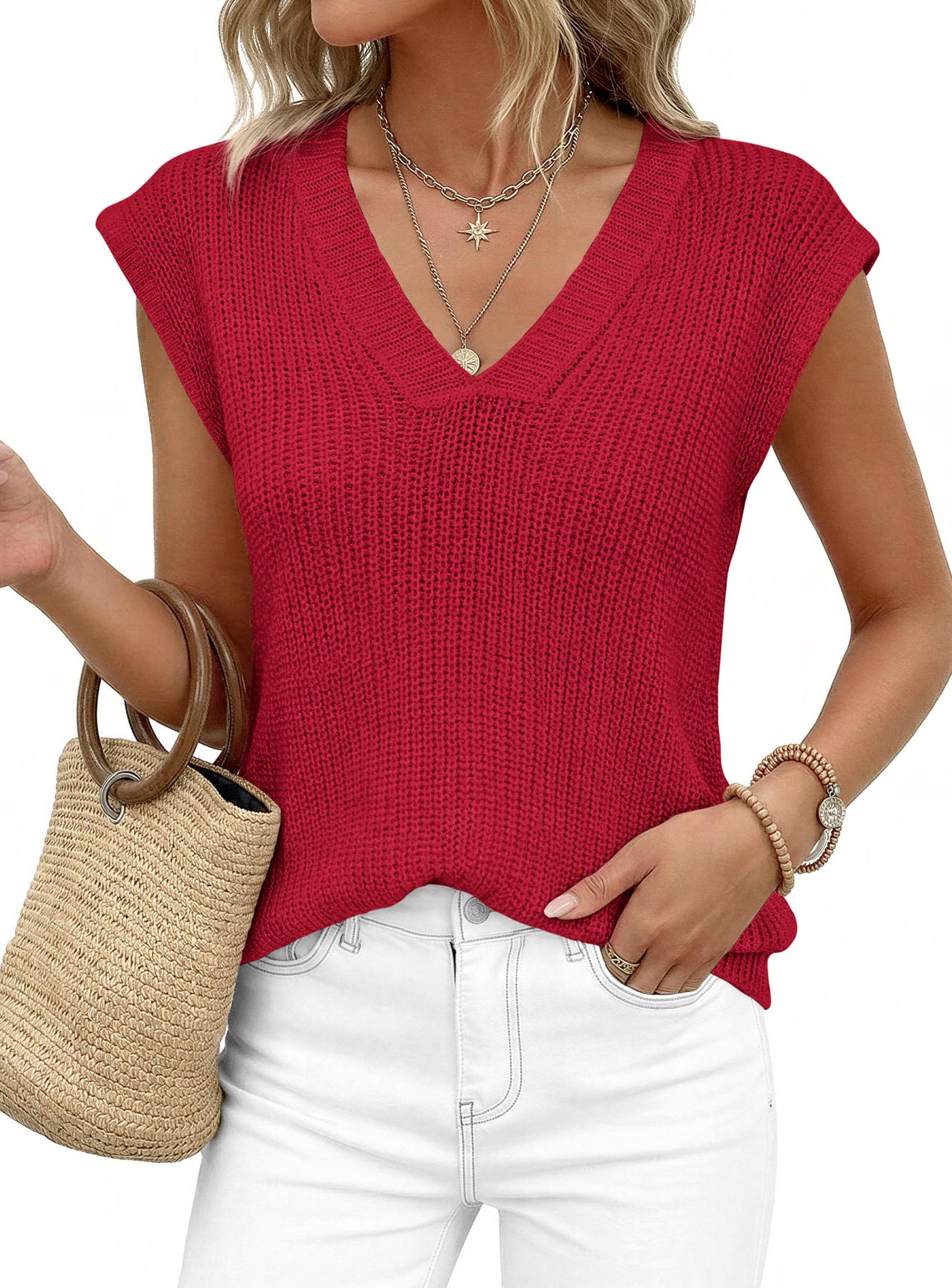 Women's Cap Sleeve Sweaters Vest Summer Tops (Red,S)