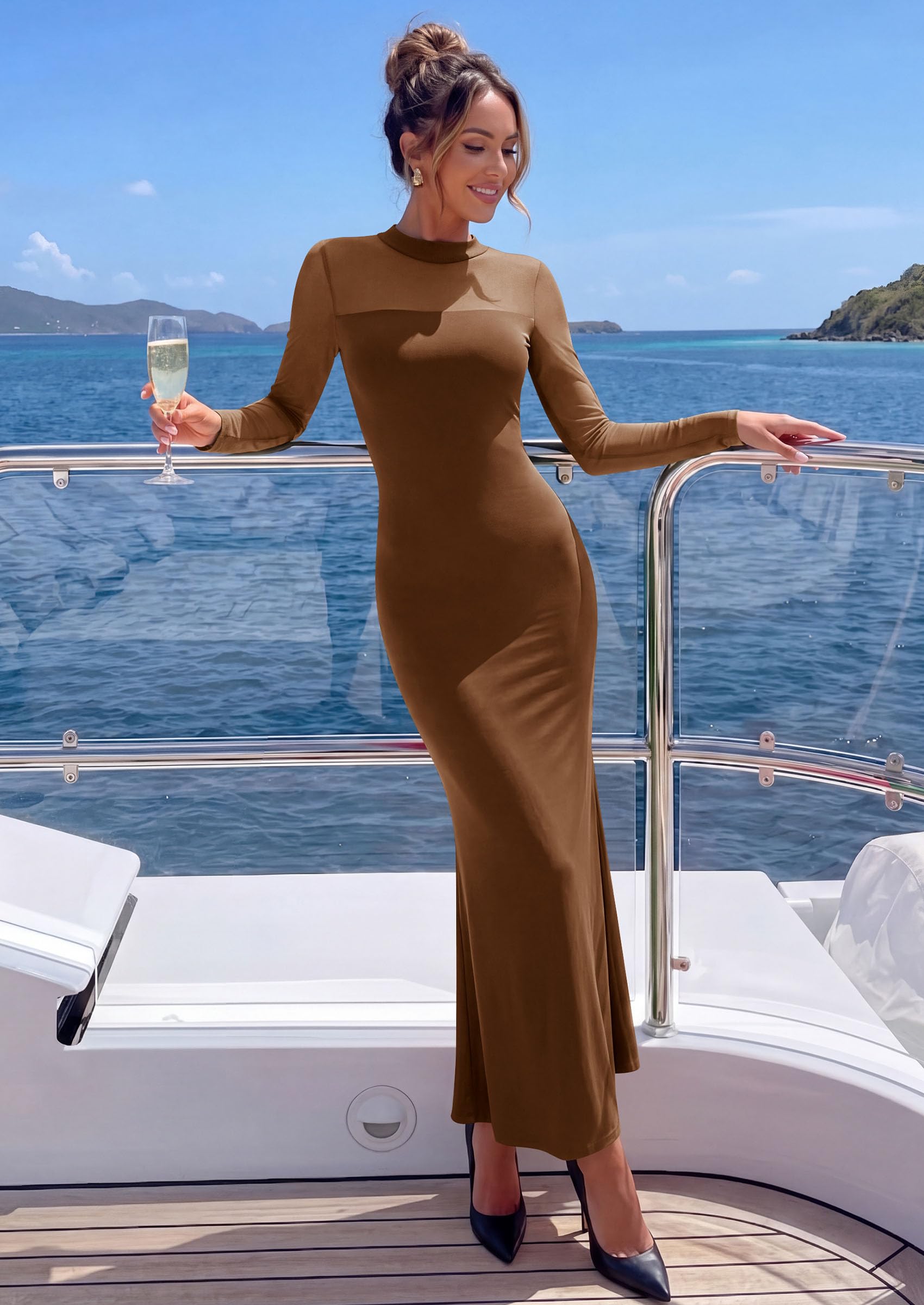 Women's Long Sleeve Formal Mesh Fall Wedding Guest Maxi Dress