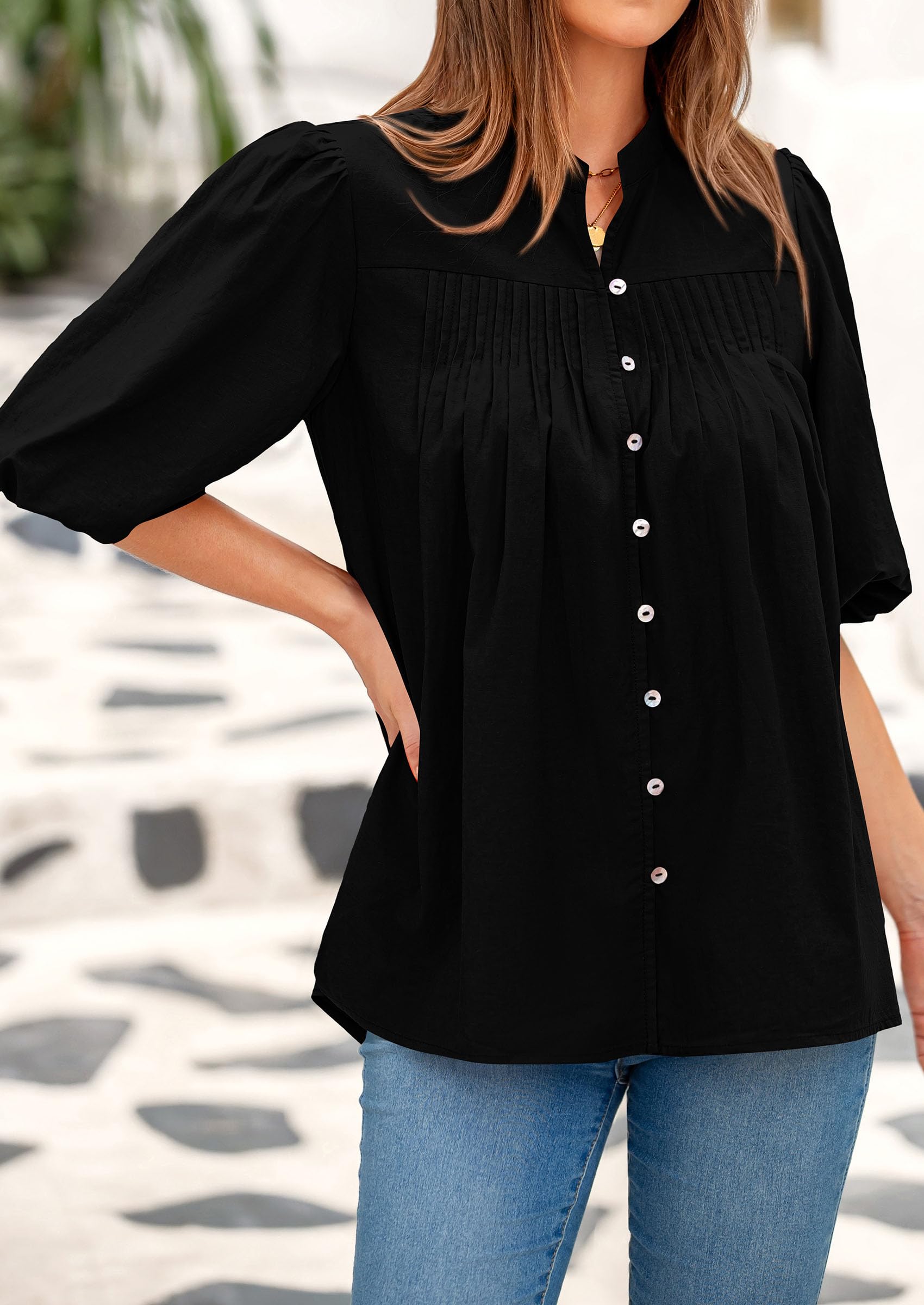Short Sleeve Henley Shirts for Women,Black,S