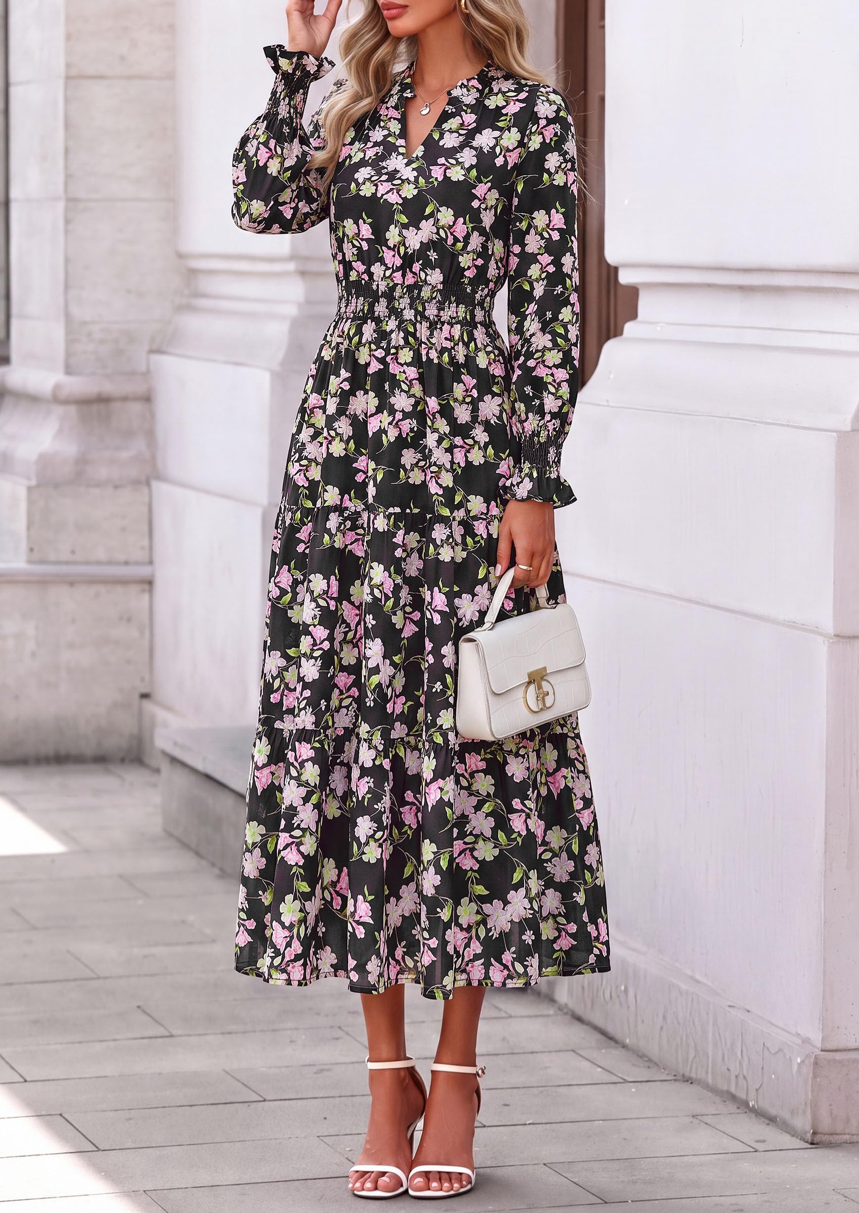 Women's Floral Maxi Dress Fall A Line Wedding Guest Dresses