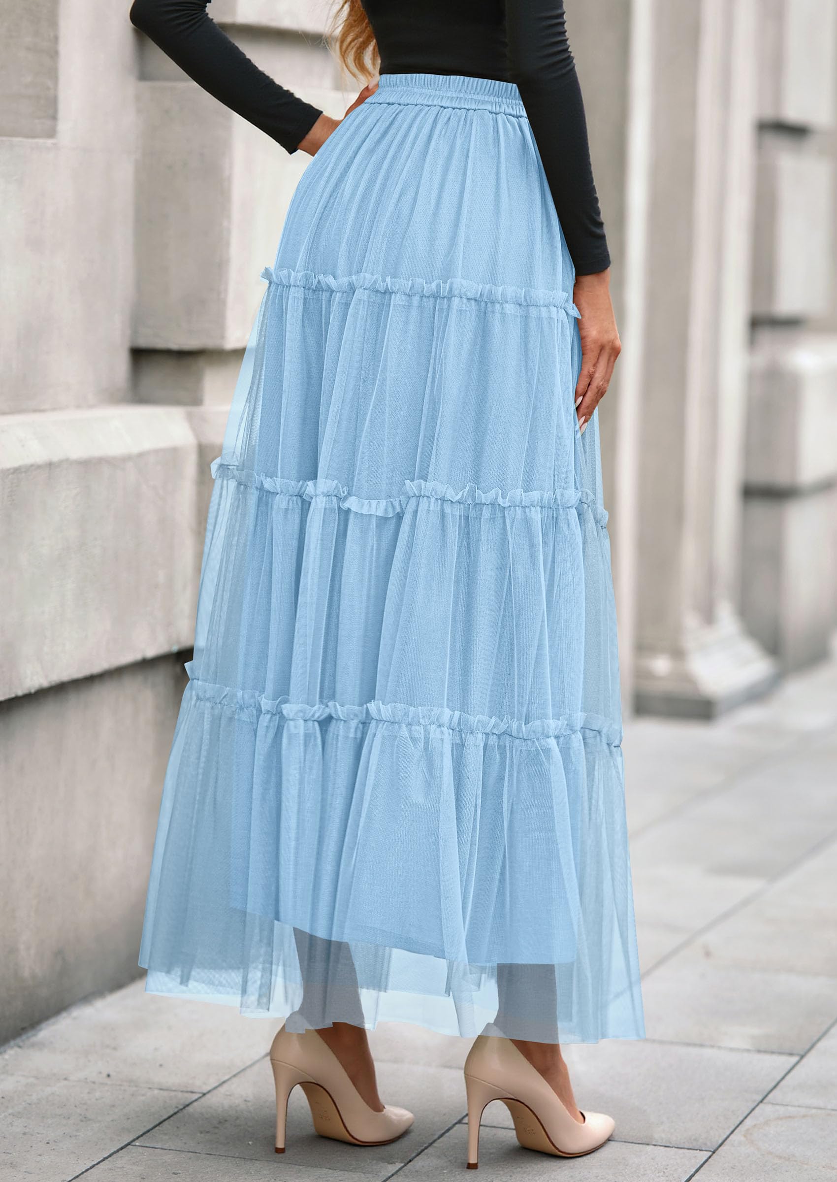 Women's Fall Soft Tulle Tiered Long Skirt,Light Blue,S