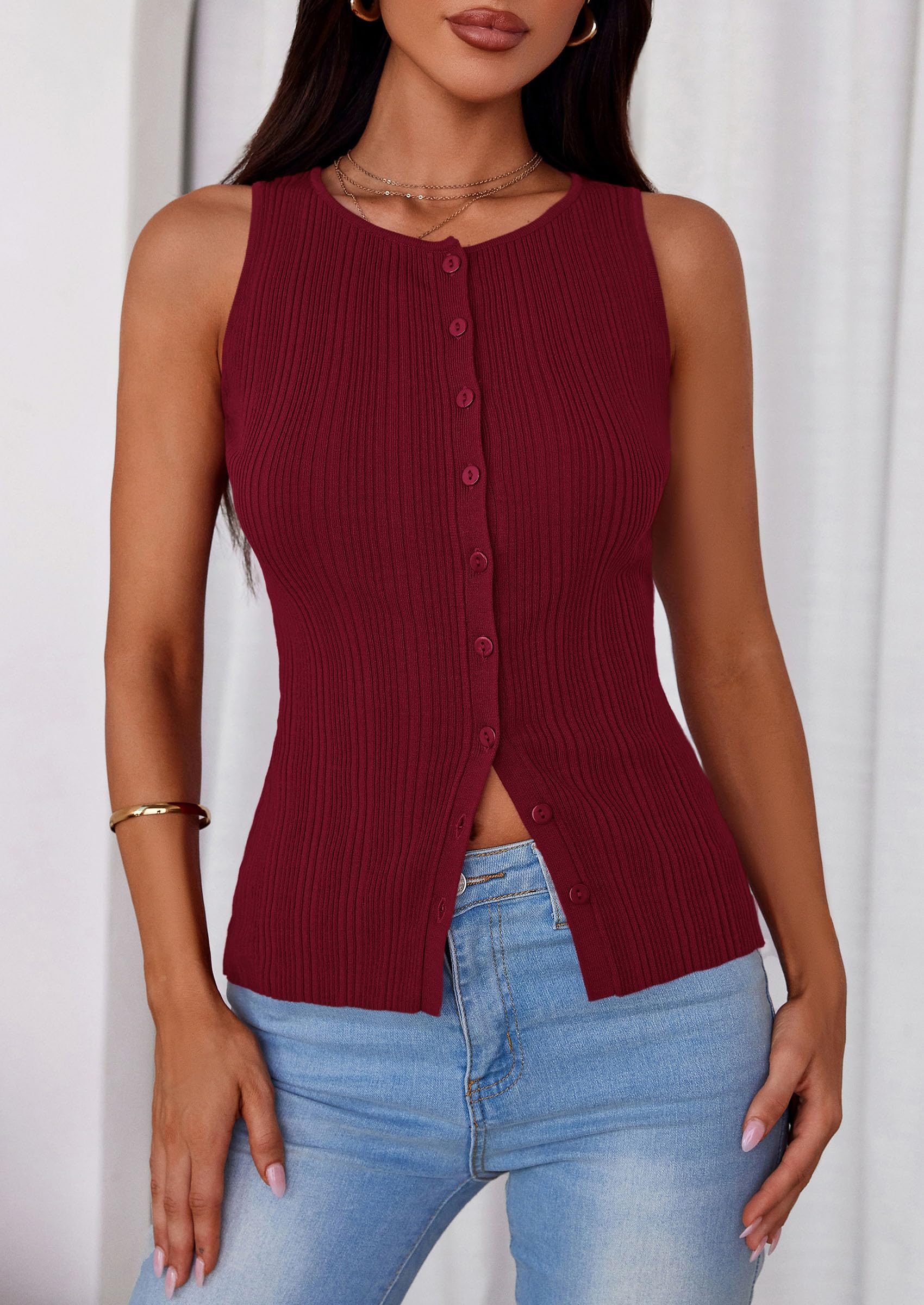 Sleeveless Button Down Shirts for Women Summer 2026 Going Out Ribbed Knit Tank Tops Y2K Clothes Trendy Vest Tops Wine Red