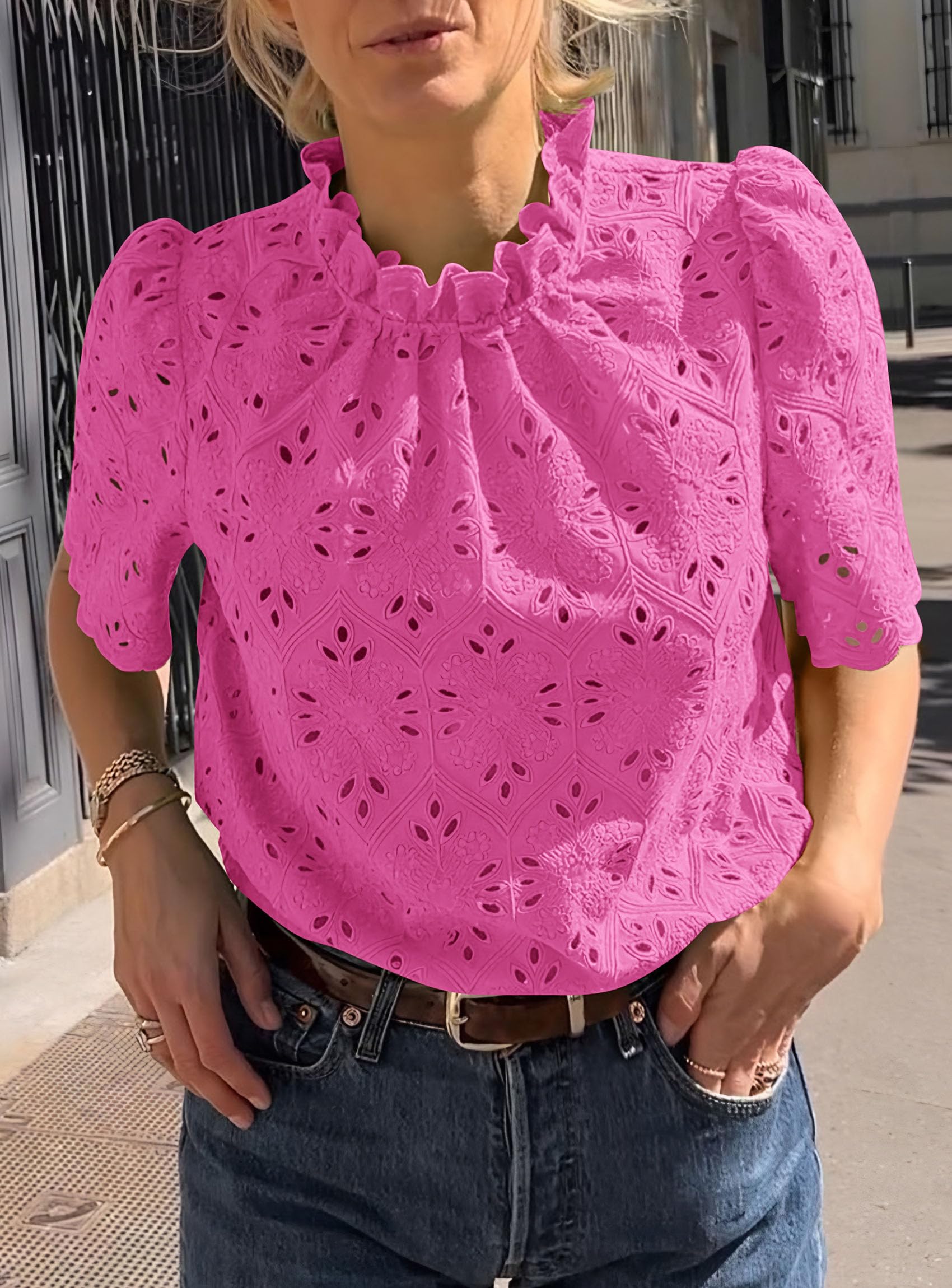 Women Summer Tops Eyelet Embroidered Shirts,Rose Red,XS