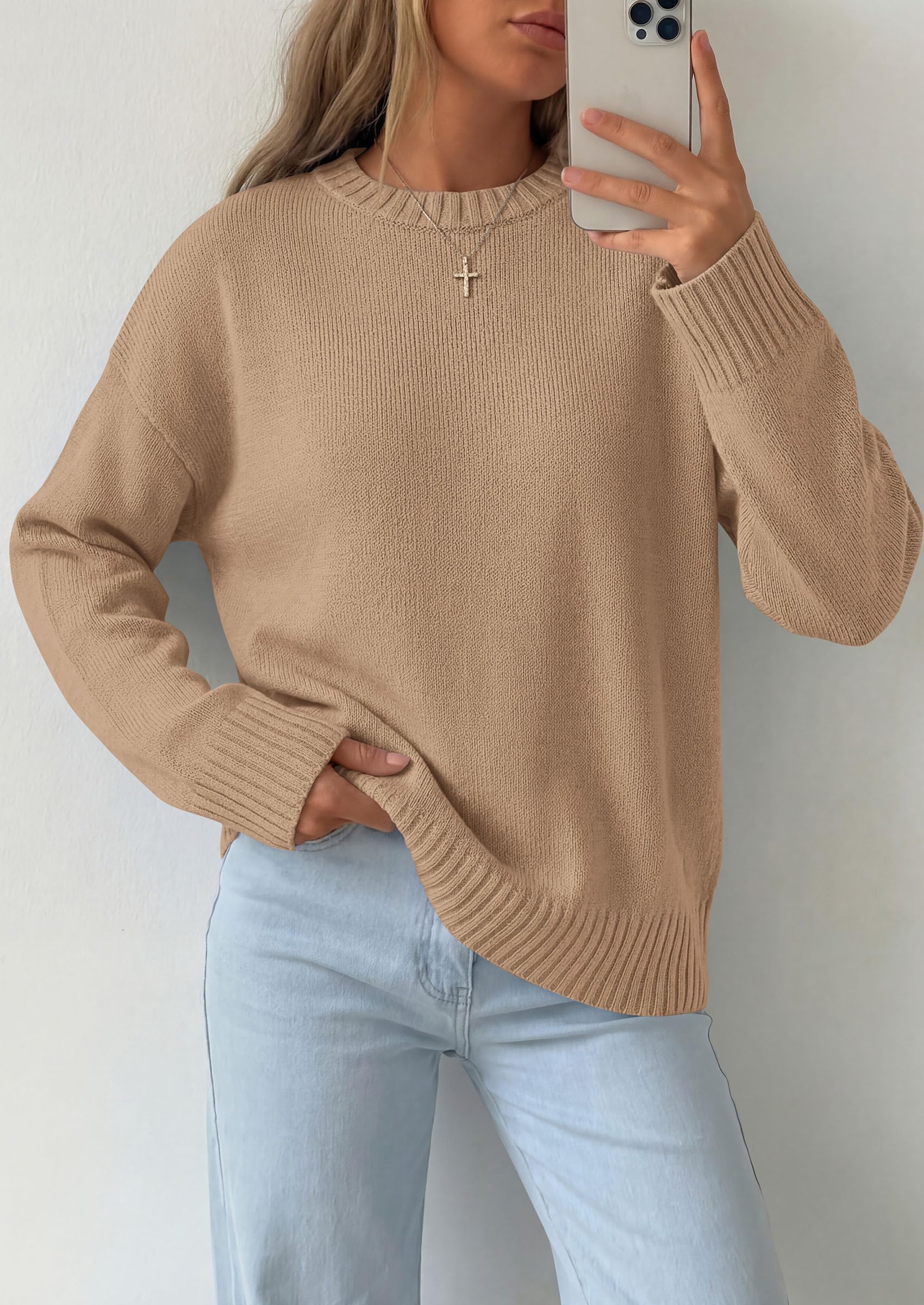 Oversized Sweater Women's Crewneck Long Sleeve Tops Khaki
