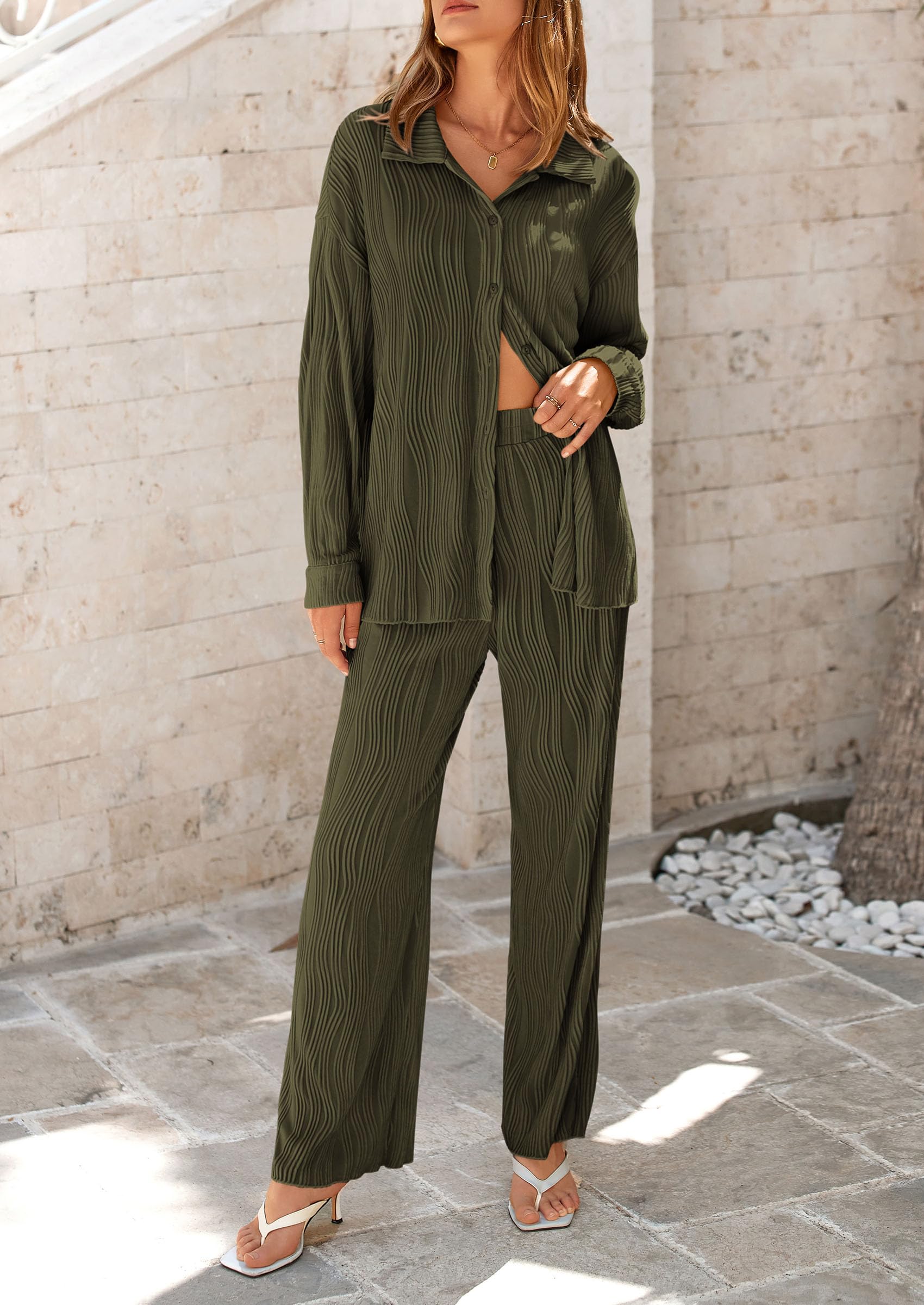 Womens 2 Piece Sets Button Down Lounge Tracksuit,Army Green,M