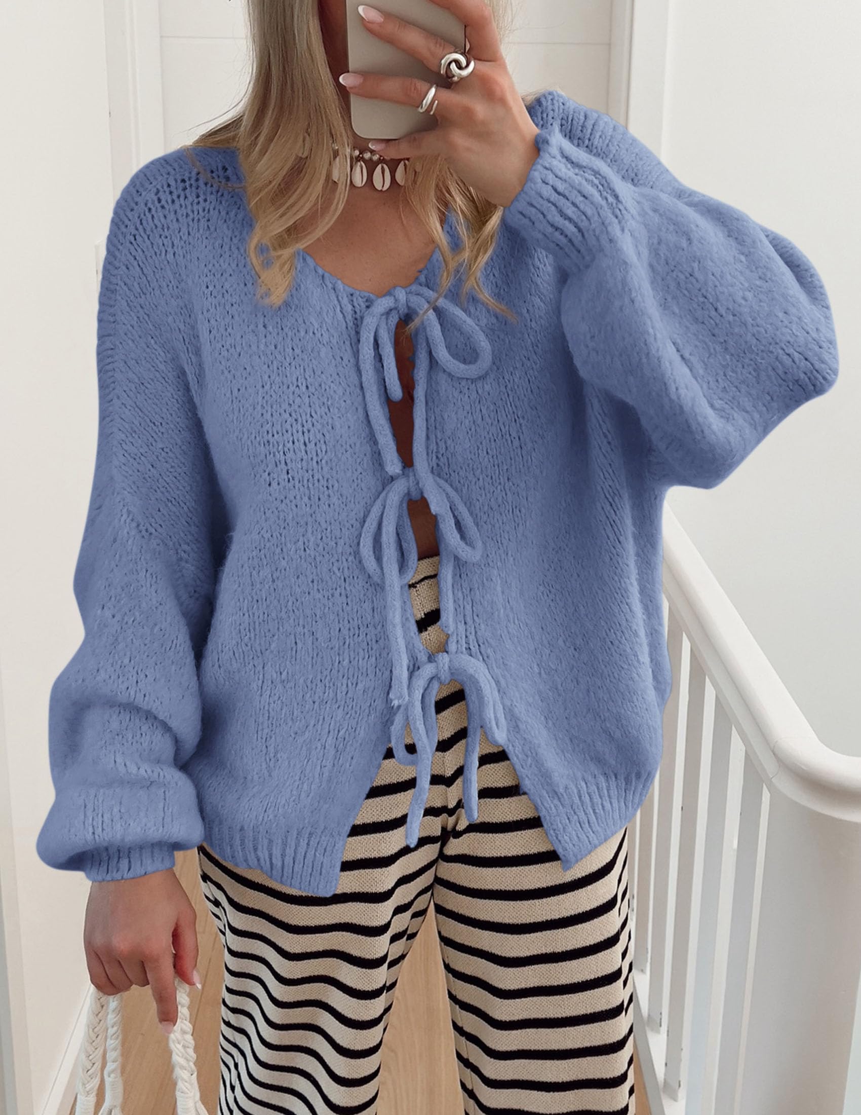 Women's Tie Front Bow Cardigan Sweaters(Mist Blue,Small)