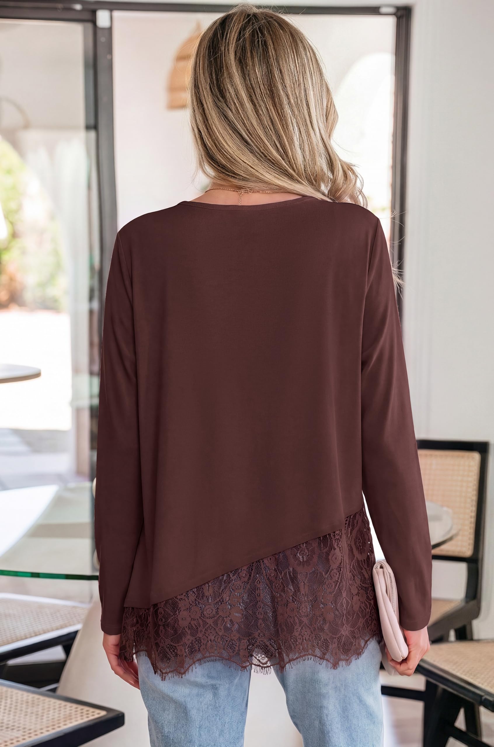 Women's Lace Patchwork Long Sleeve Shirts,Brown,S