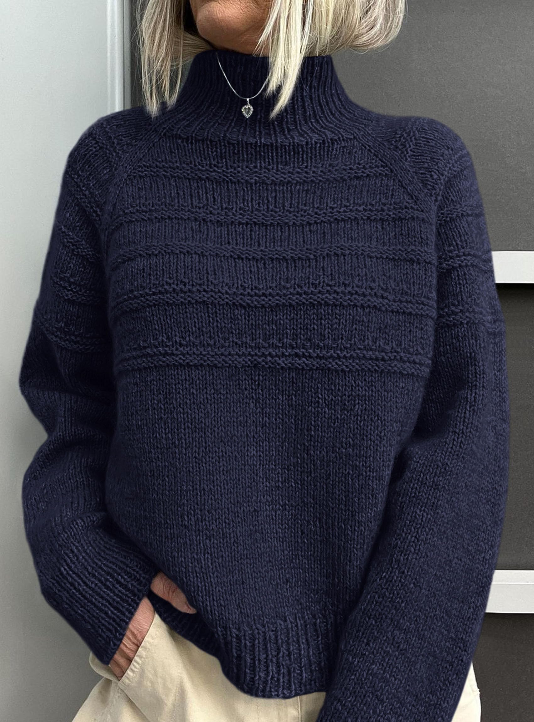Women's Chunky Knit Mock Neck Pullover Sweaters,Navy Blue,S