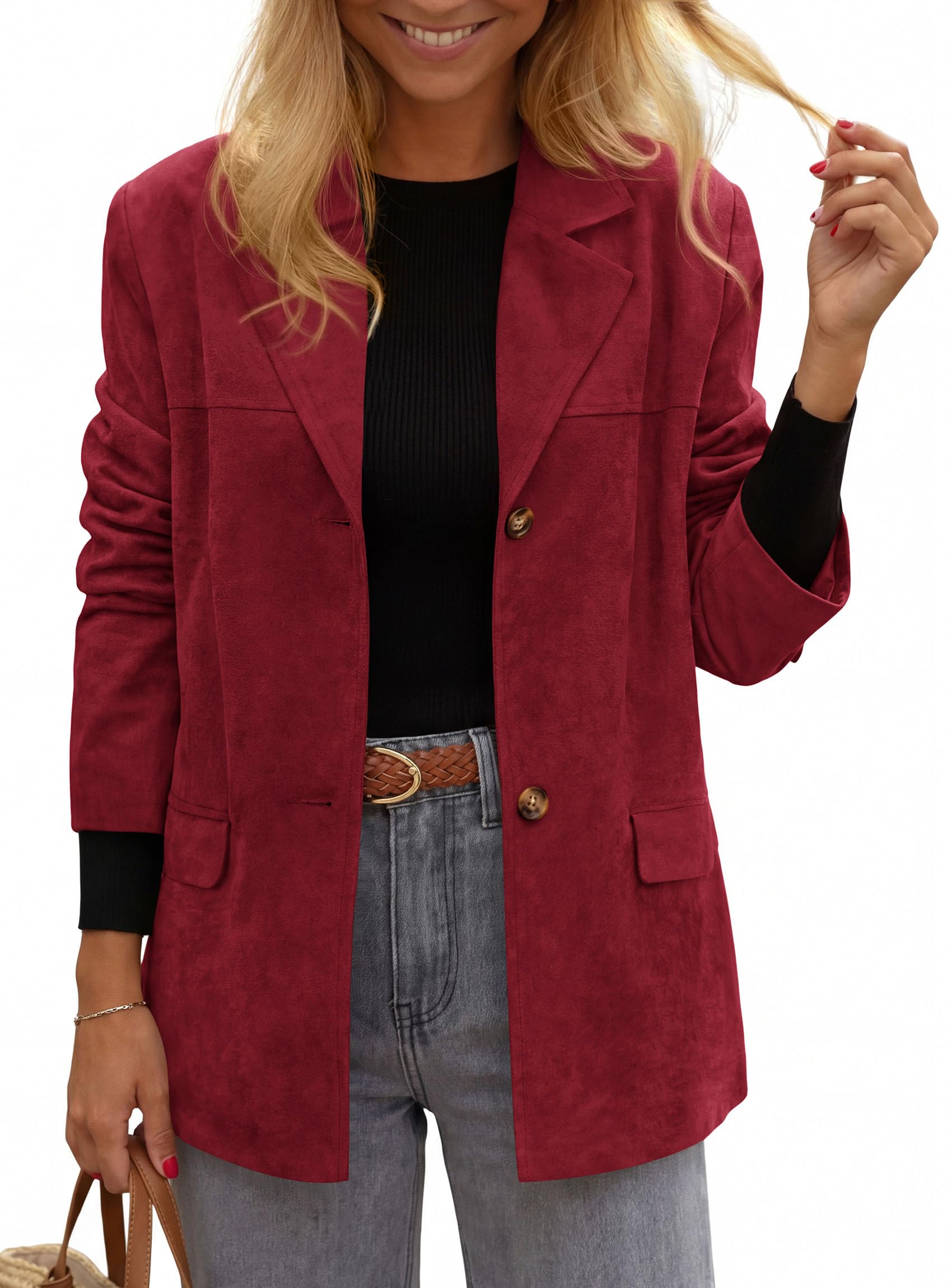 Blazers for Women Western Fall Faux Suede Jacket Burgundy