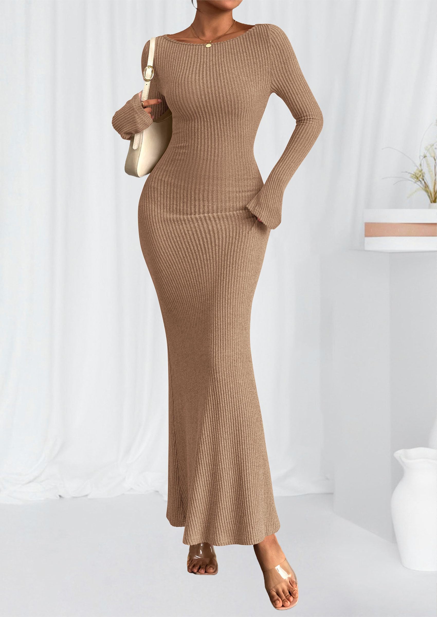 Women's Fall Long Sleeve Bodycon Maxi Dresses (Khaki,XS)