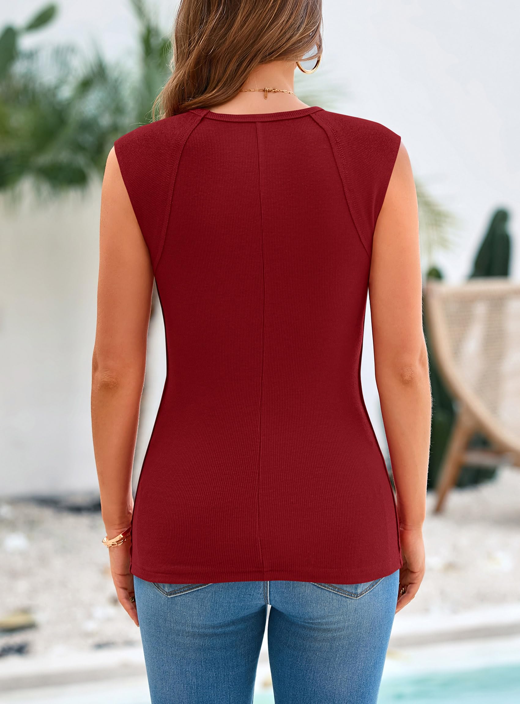 Women's Cap Sleeve Ribbed Tank Tops Summer, Wine Red,S