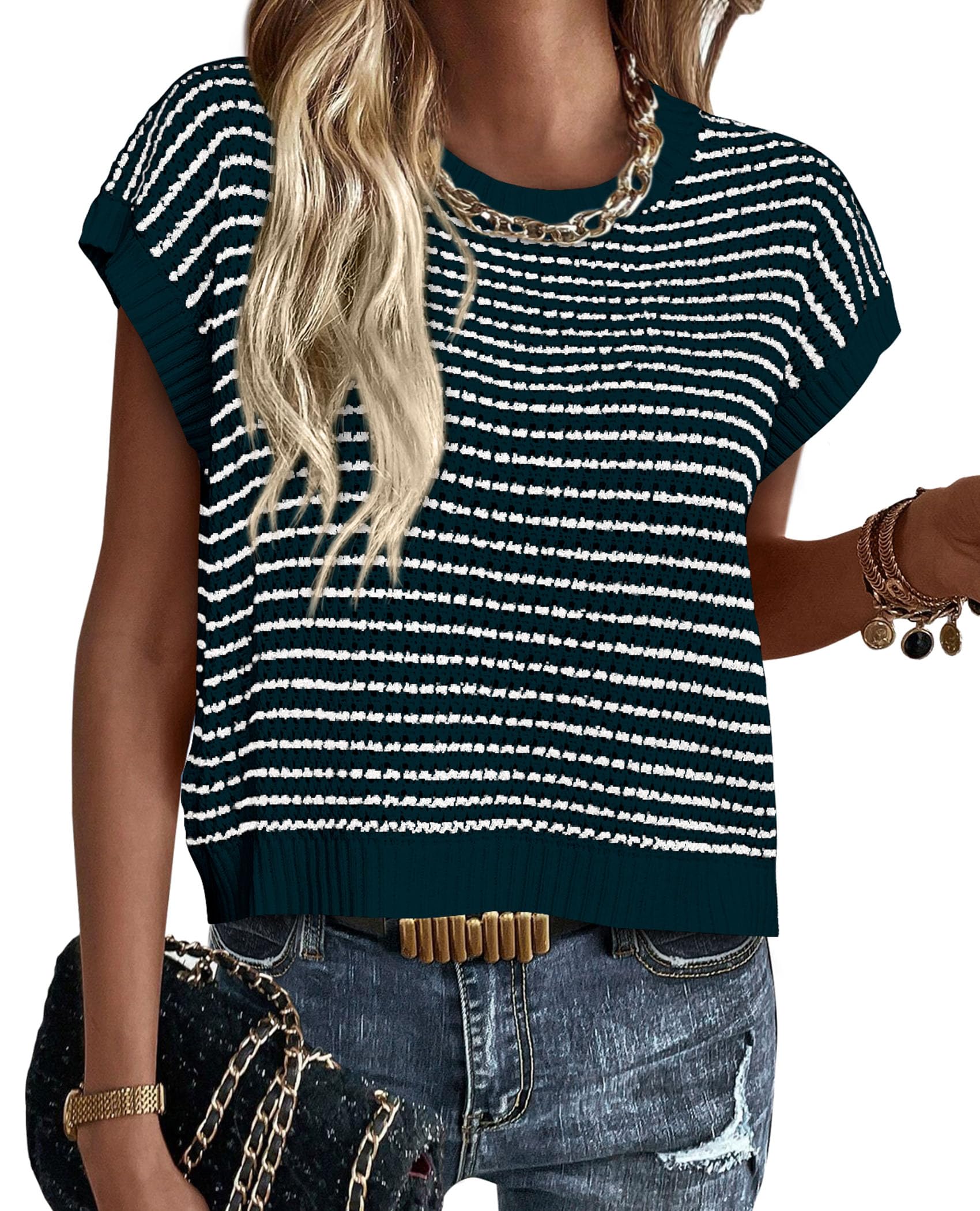 Women's Striped Short Sleeve Sweater Vest Malachite Green,L