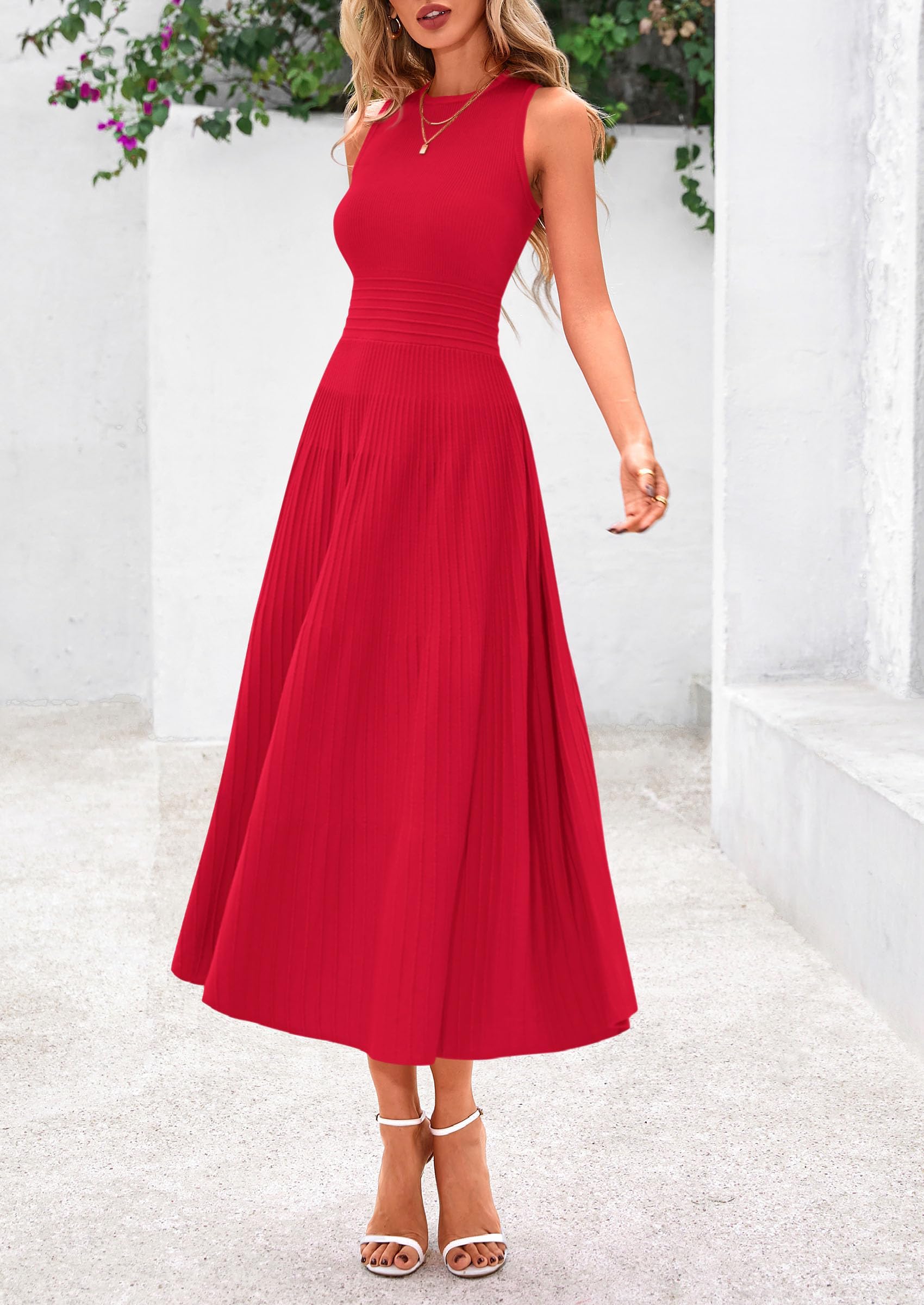 Women's Summer Pleated Midi Work Dress,Red,S