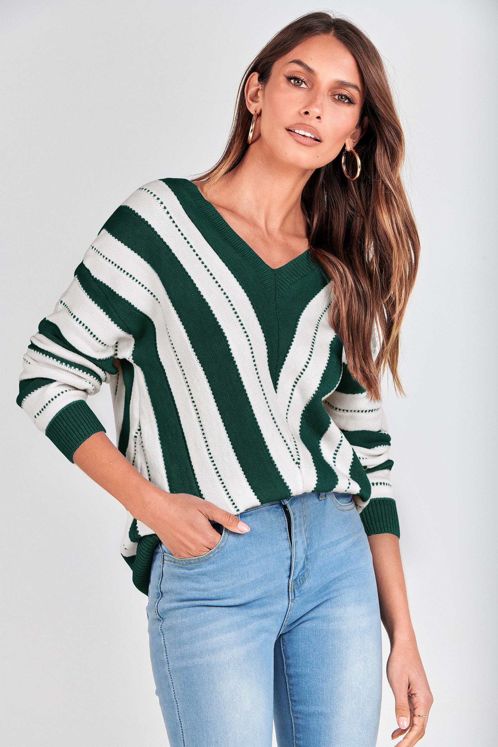 Women's V Neck Striped Knit Pullover Sweater